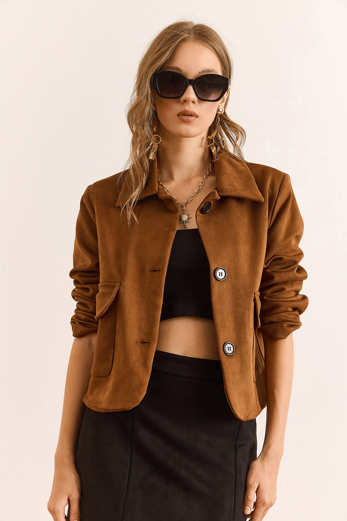 Astarlı Cepli Crop Süet Ceket Taba