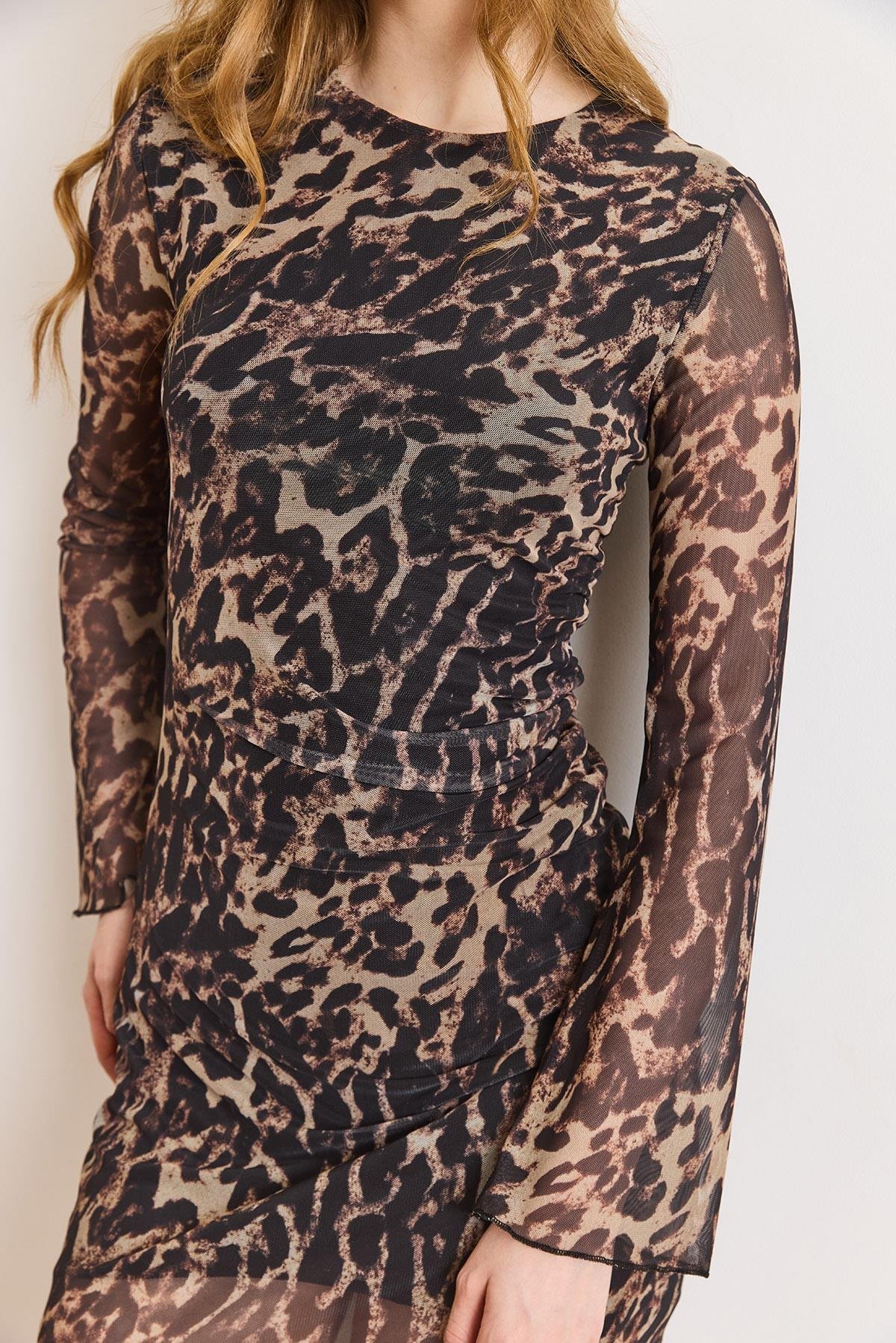 Astarlı Drape Detaylı Tül Elbise Siyah Leopar