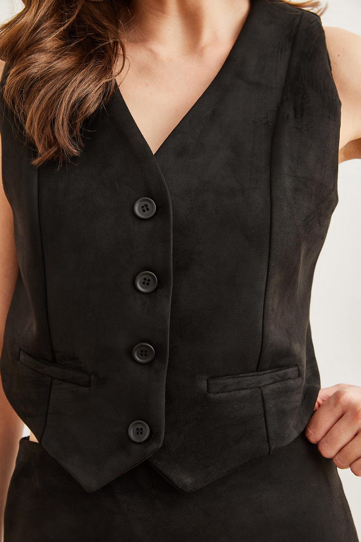 Astarlı Fleto Cep Süet Yelek Siyah