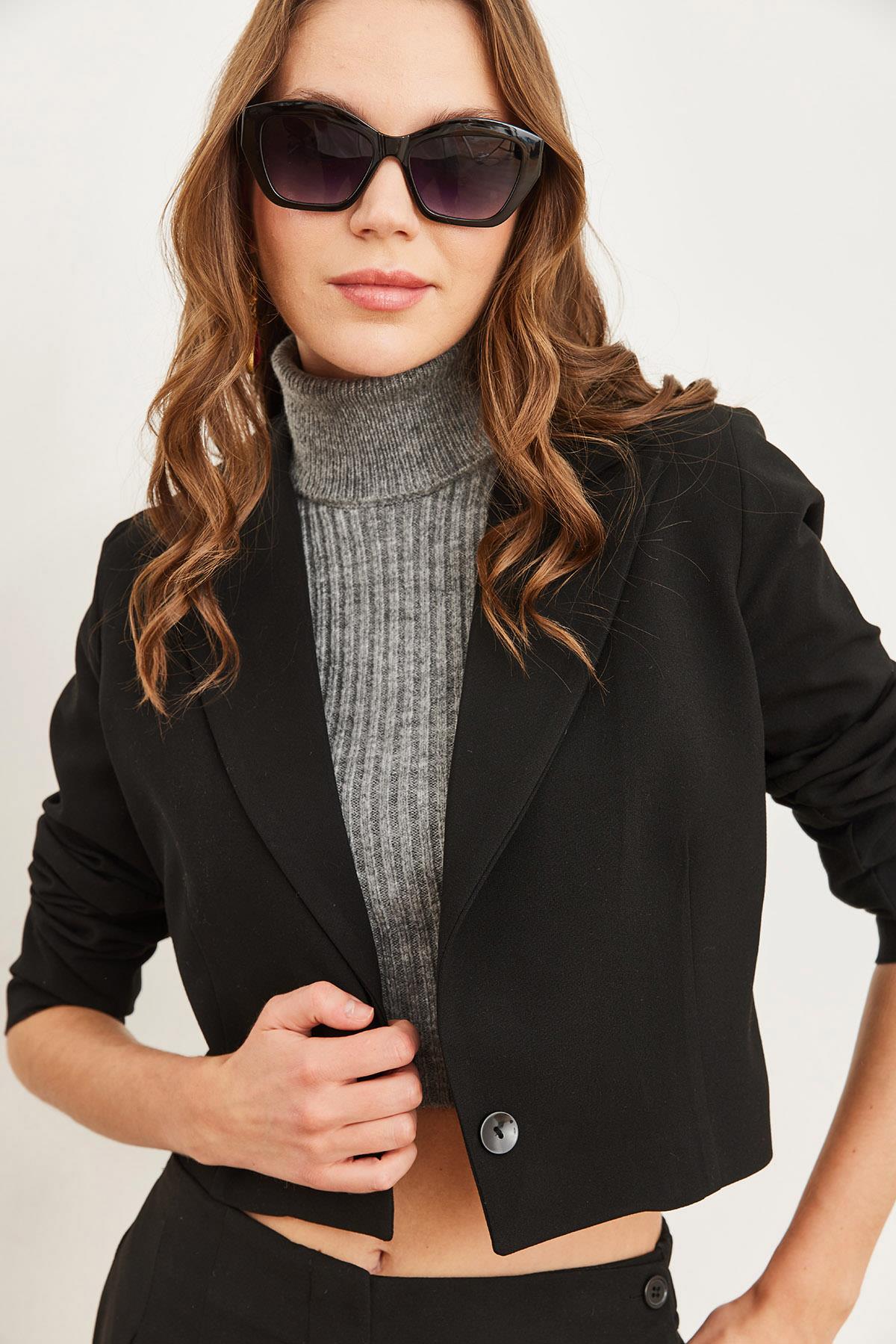 Astarlı Premium Poliviskon Crop Blazer Ceket Siyah