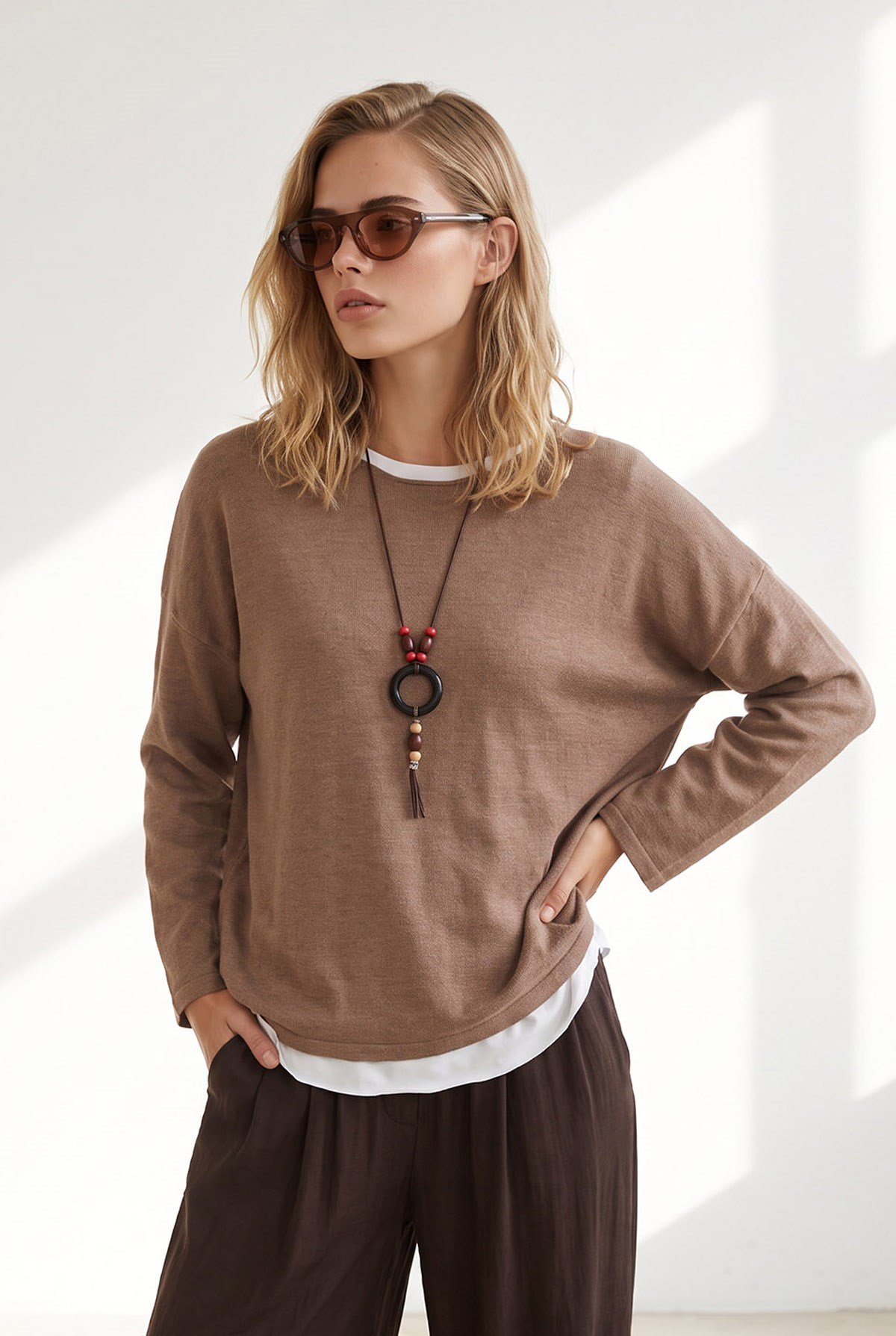 Atletli Kolyeli Yumuşak Dokulu Boho Triko Bluz Camel