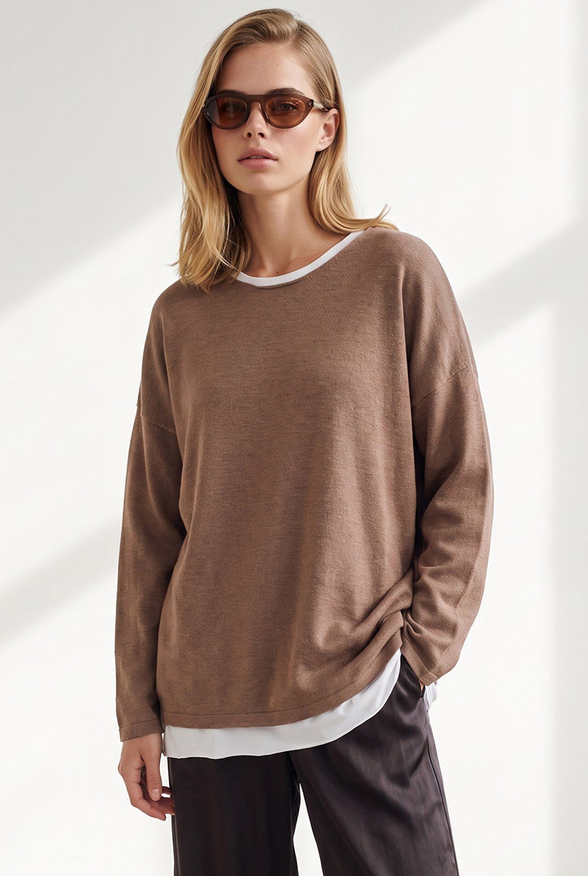 Atletli Kolyeli Yumuşak Dokulu Boho Triko Bluz Camel