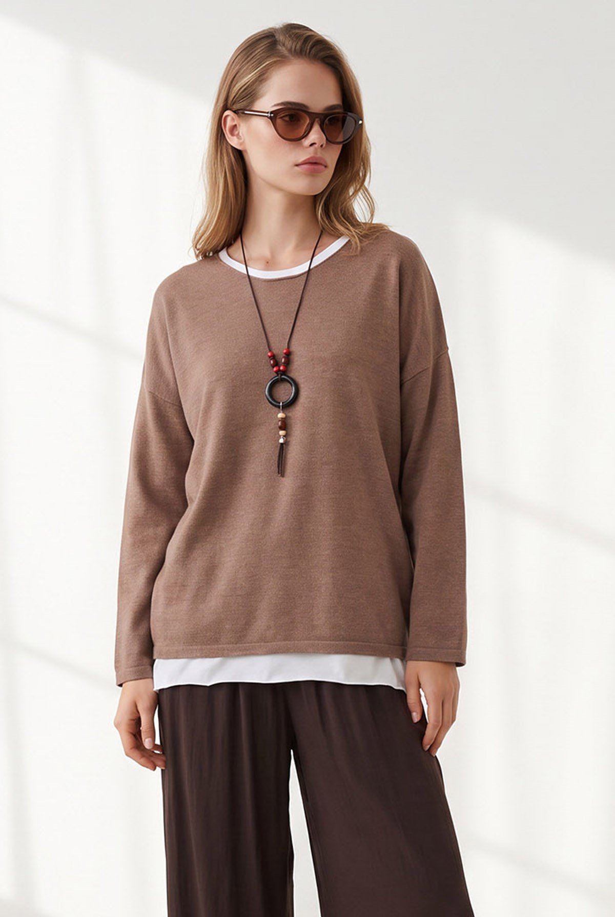 Atletli Kolyeli Yumuşak Dokulu Boho Triko Bluz Camel