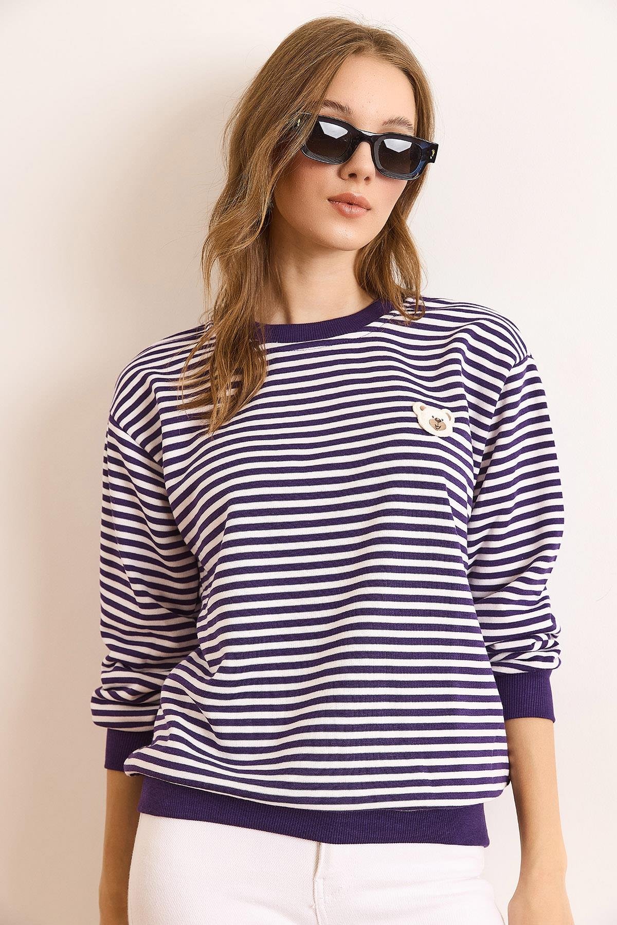 Ayıcık Aplike Çizgili Şardonsuz Kalın Sweatshirt Mor