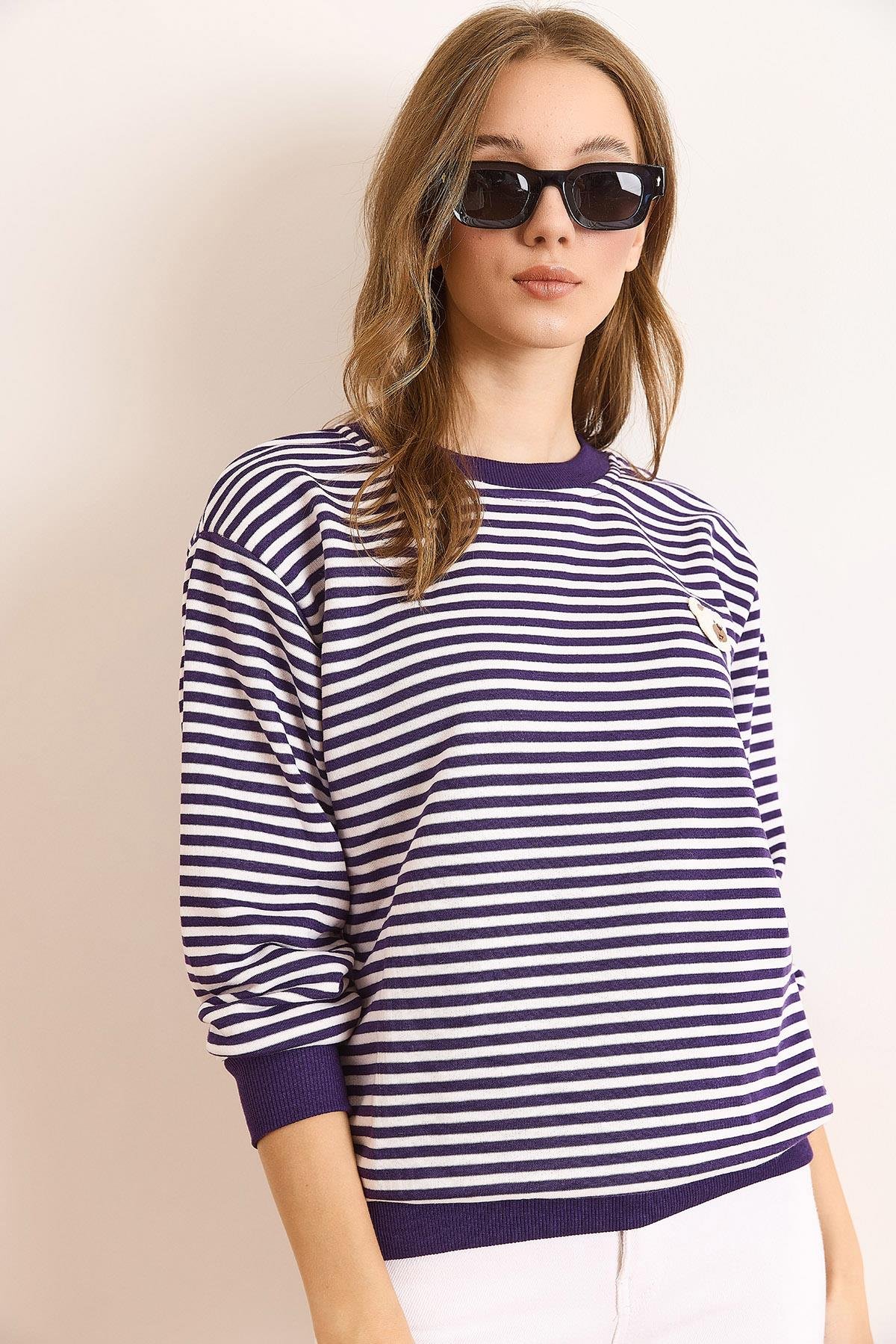 Ayıcık Aplike Çizgili Şardonsuz Kalın Sweatshirt Mor
