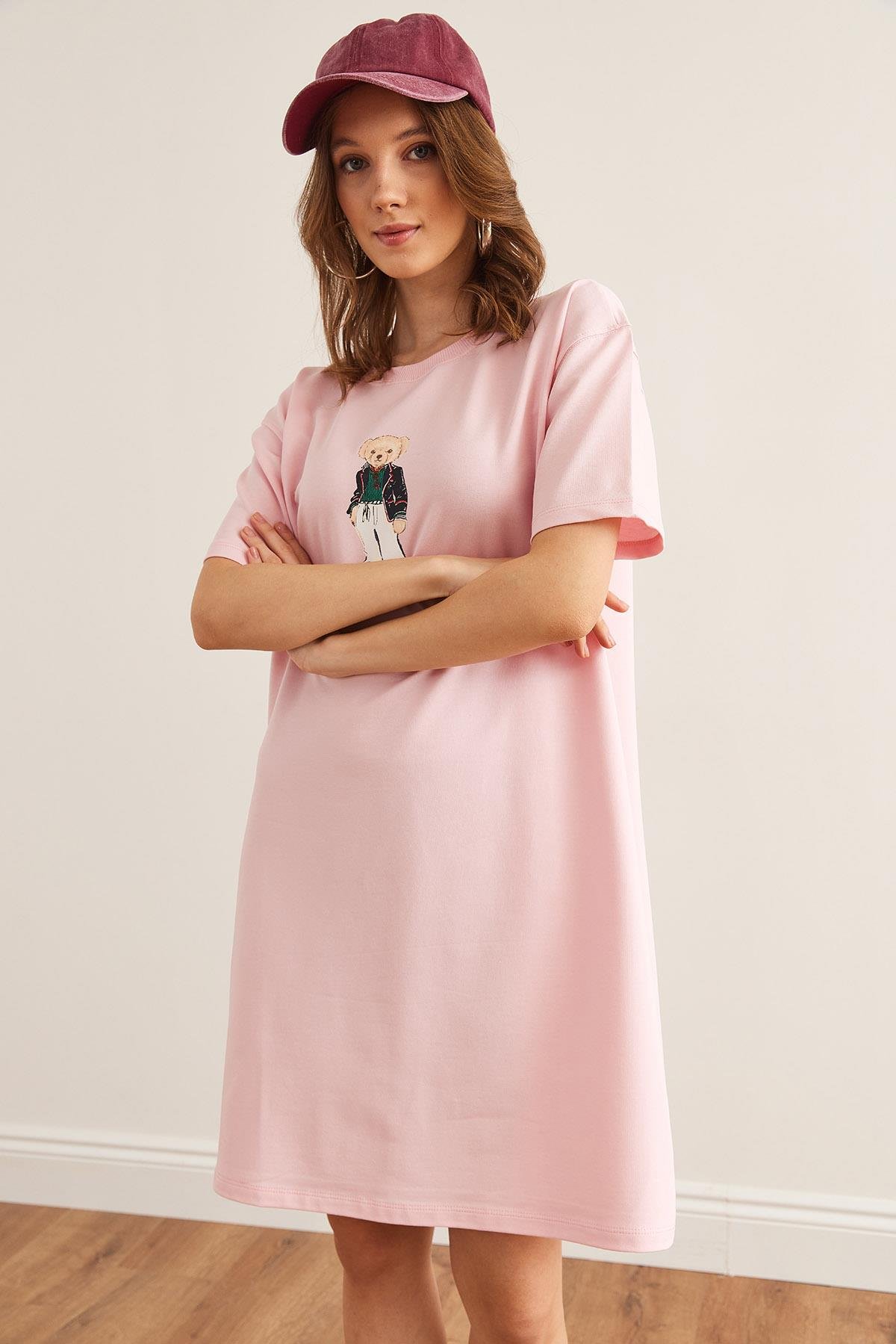 Ayıcık Baskılı Tunik Elbise Şeker Pembe