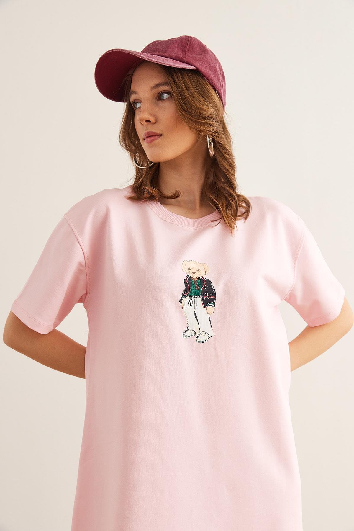 Ayıcık Baskılı Tunik Elbise Şeker Pembe