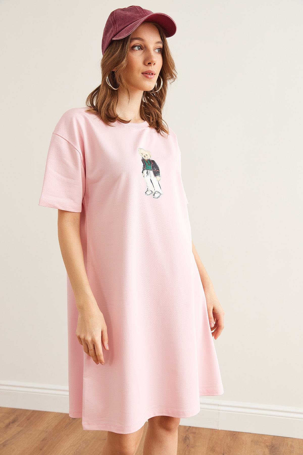 Ayıcık Baskılı Tunik Elbise Şeker Pembe