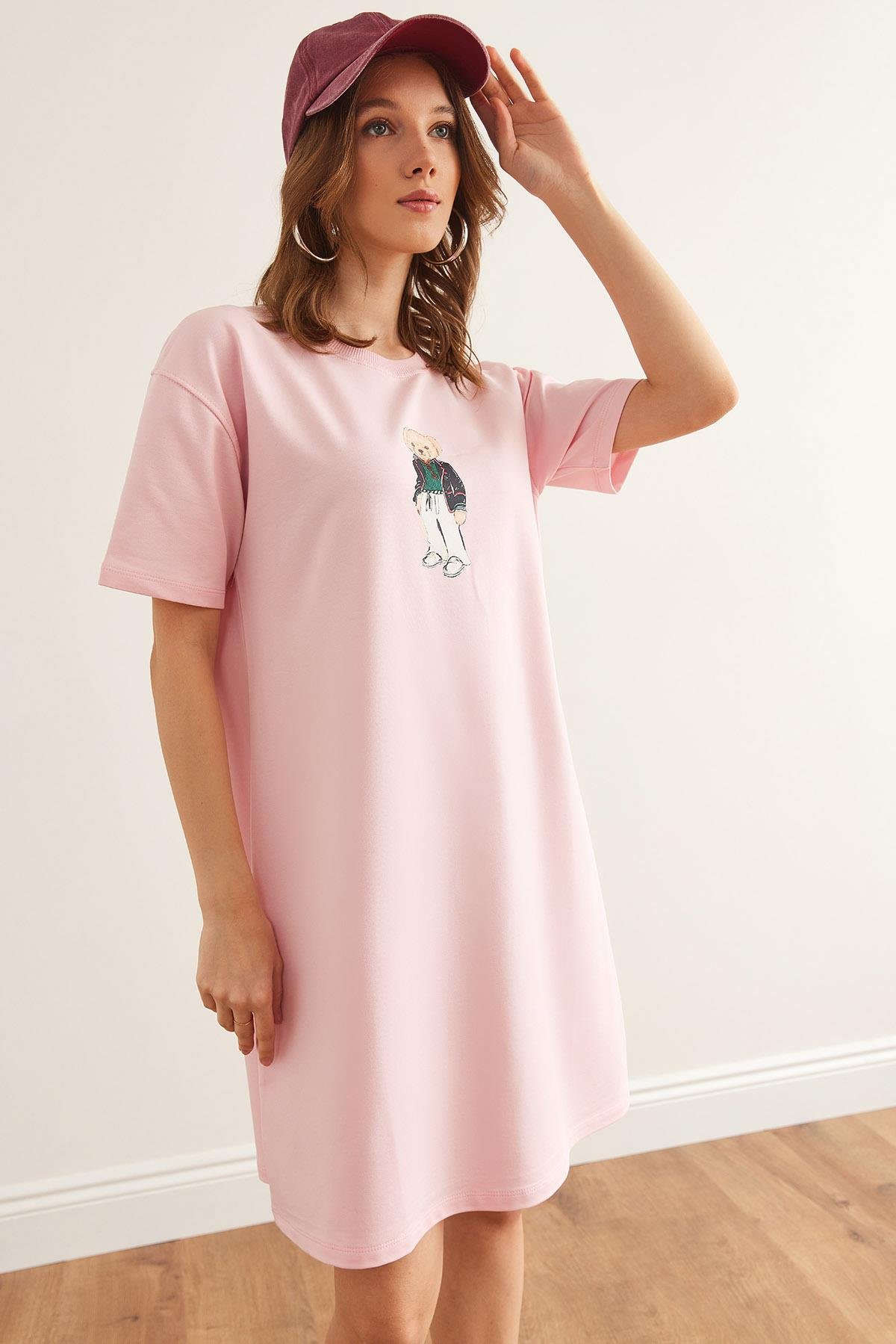 Ayıcık Baskılı Tunik Elbise Şeker Pembe