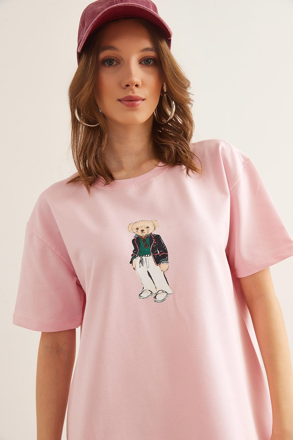 Ayıcık Baskılı Tunik Elbise Şeker Pembe