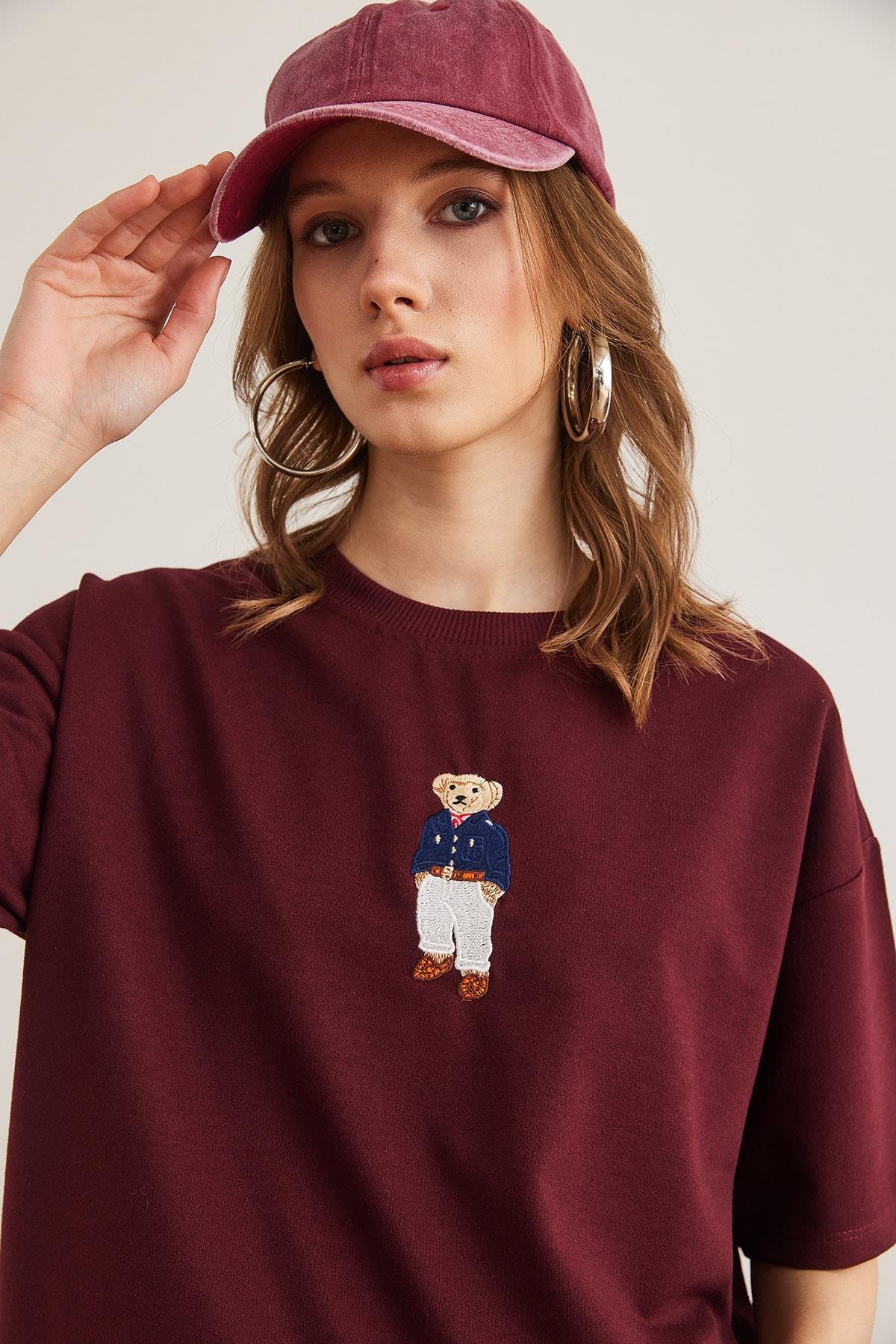 Ayıcık Nakışlı Boyfriend 2 İp Tişört Bordo