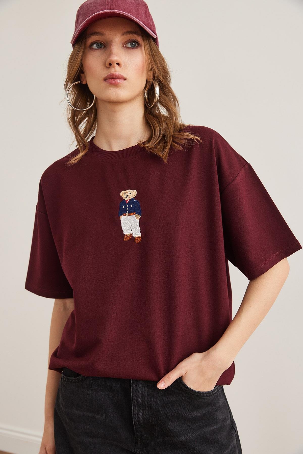 Ayıcık Nakışlı Boyfriend 2 İp Tişört Bordo