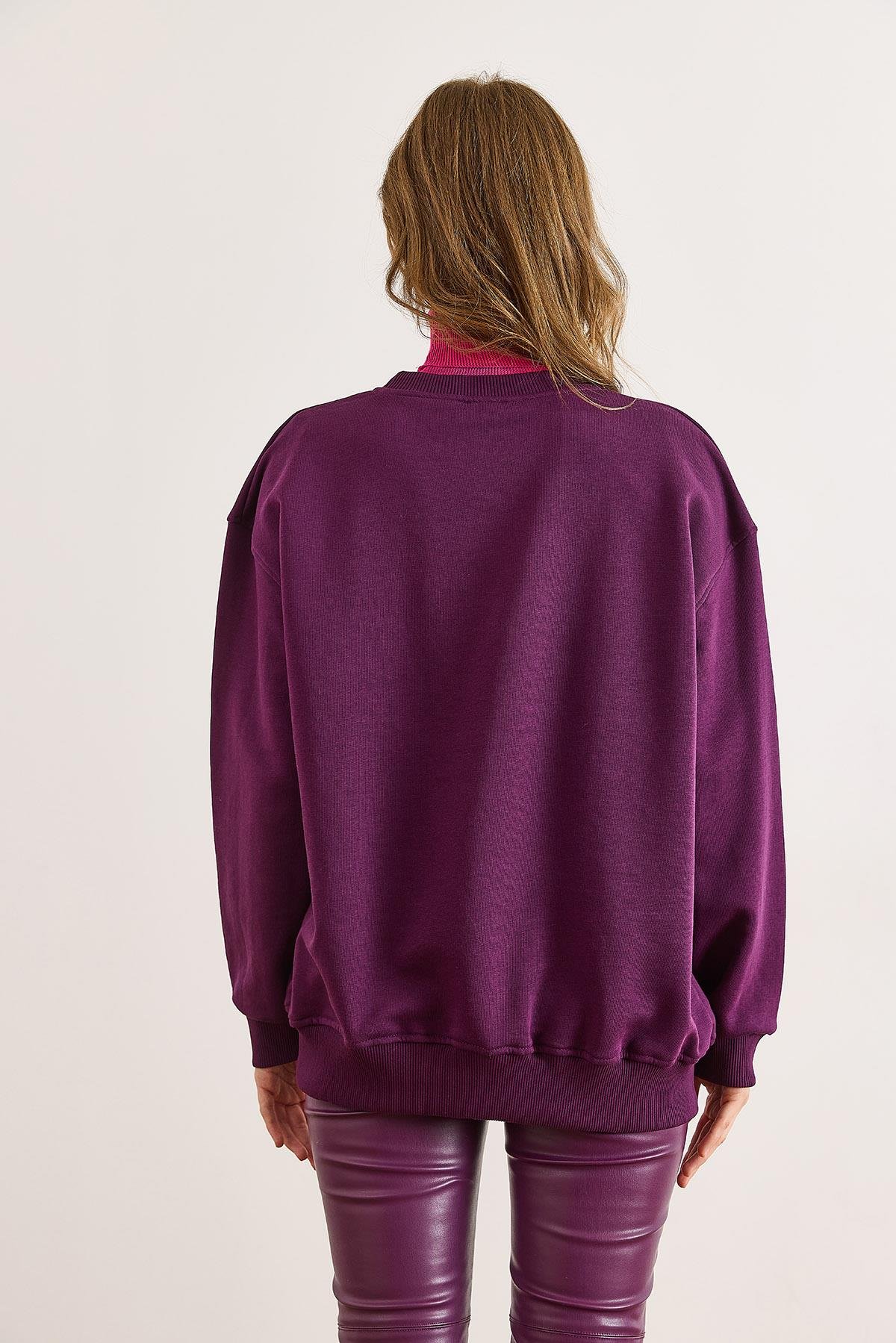 Ayıcık Nakışlı Dikiş Detaylı Şardonlu Kalın Sweatshirt Mürdüm