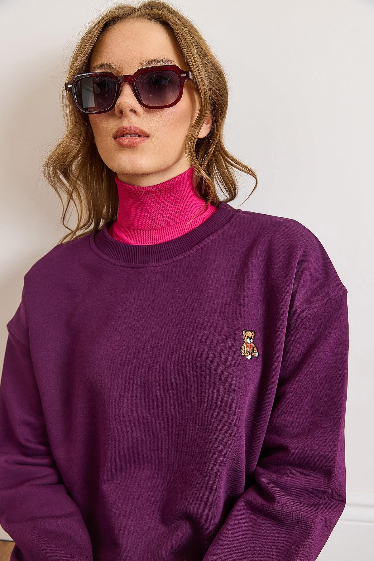 Ayıcık Nakışlı Dikiş Detaylı Şardonlu Kalın Sweatshirt Mürdüm