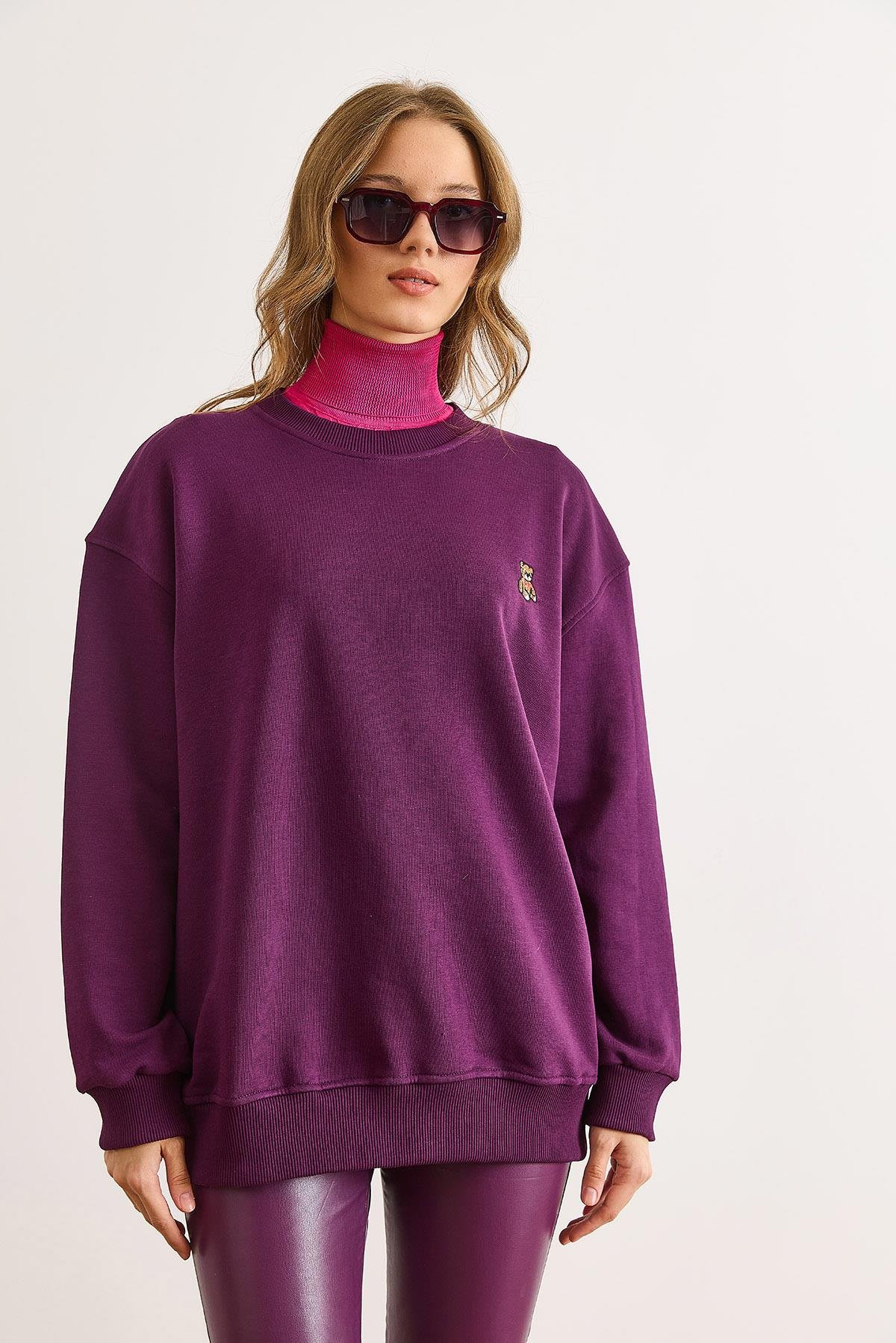 Ayıcık Nakışlı Dikiş Detaylı Şardonlu Kalın Sweatshirt Mürdüm