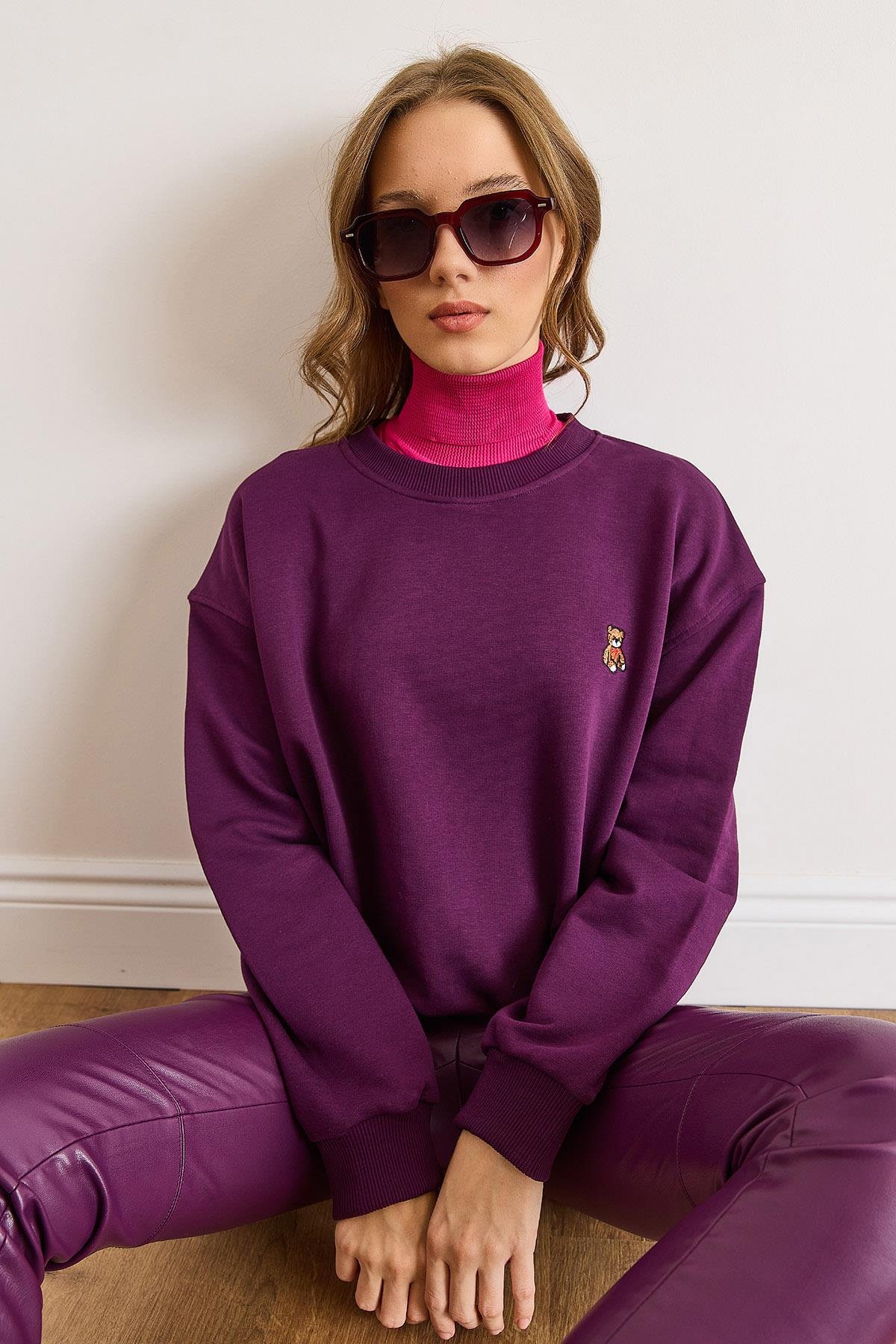 Ayıcık Nakışlı Dikiş Detaylı Şardonlu Kalın Sweatshirt Mürdüm