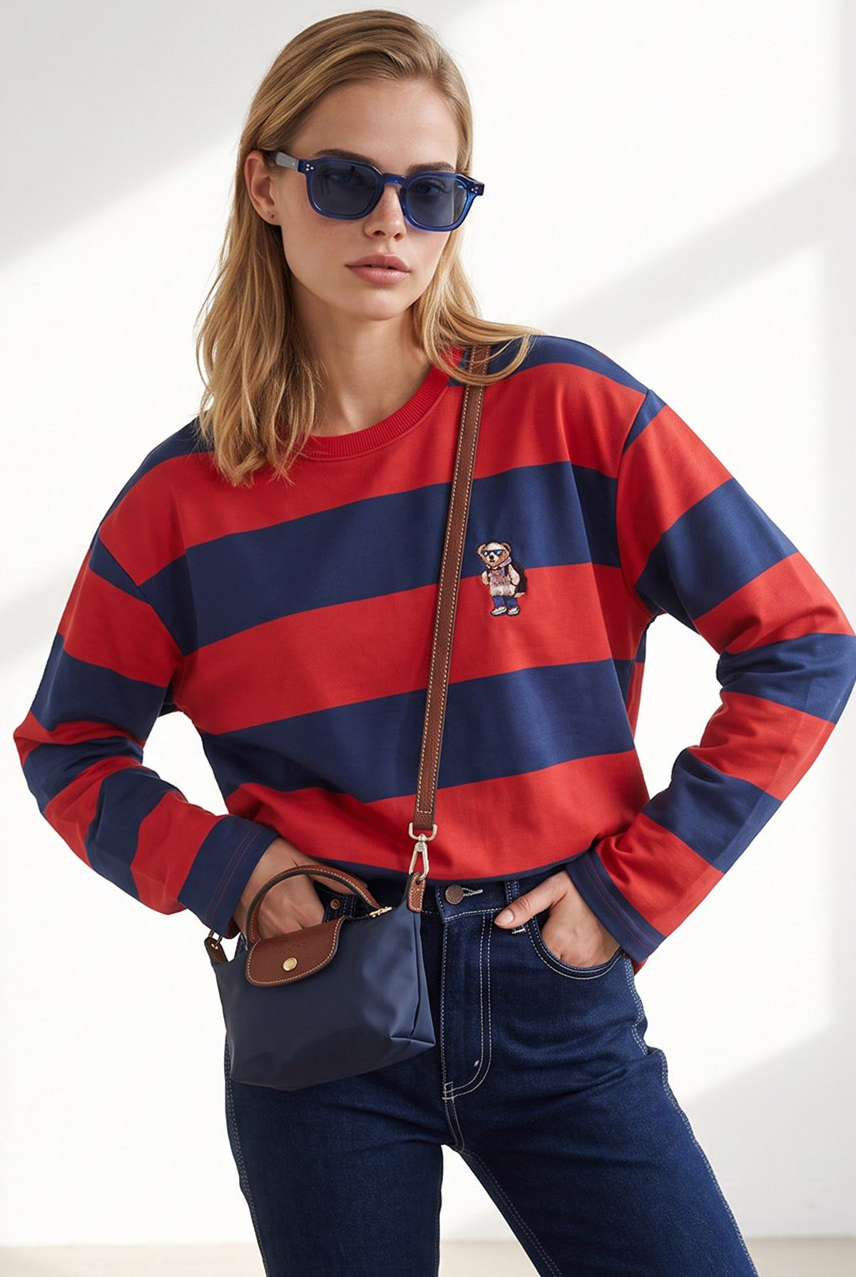 Ayıcık Nakışlı Kalın Şeritli Sweatshirt Bordo Lacivert
