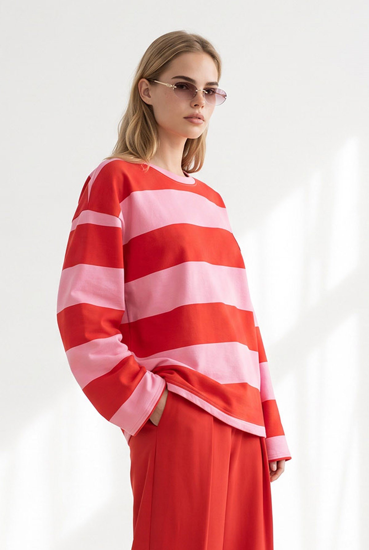 Ayıcık Nakışlı Kalın Şeritli Sweatshirt Pembe Kırmızı