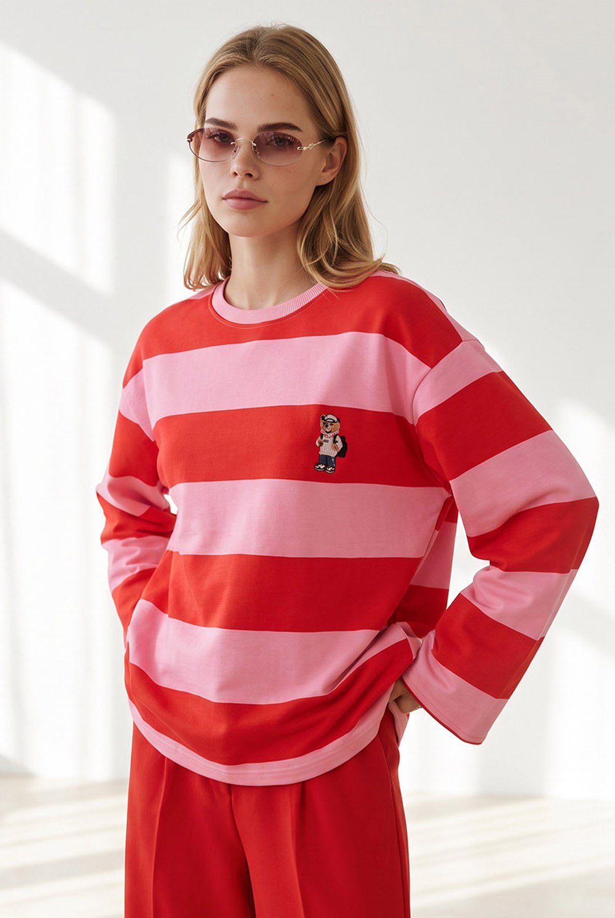 Ayıcık Nakışlı Kalın Şeritli Sweatshirt Pembe Kırmızı