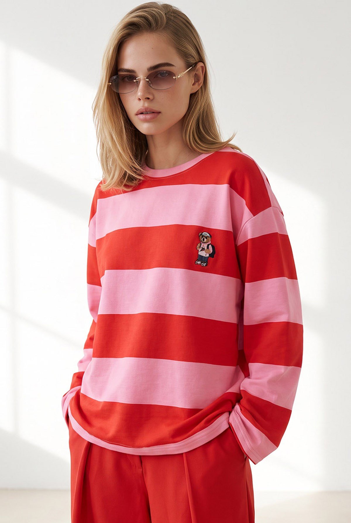 Ayıcık Nakışlı Kalın Şeritli Sweatshirt Pembe Kırmızı