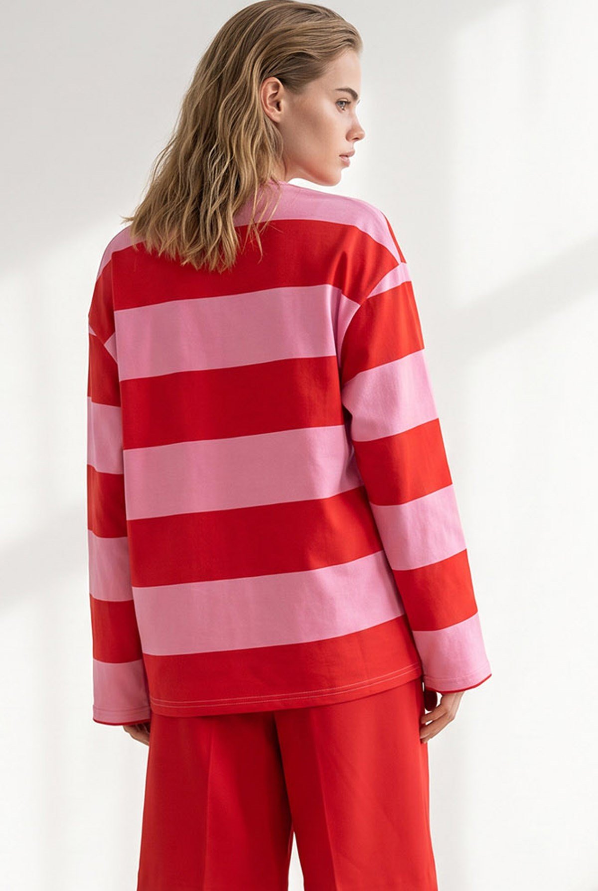 Ayıcık Nakışlı Kalın Şeritli Sweatshirt Pembe Kırmızı