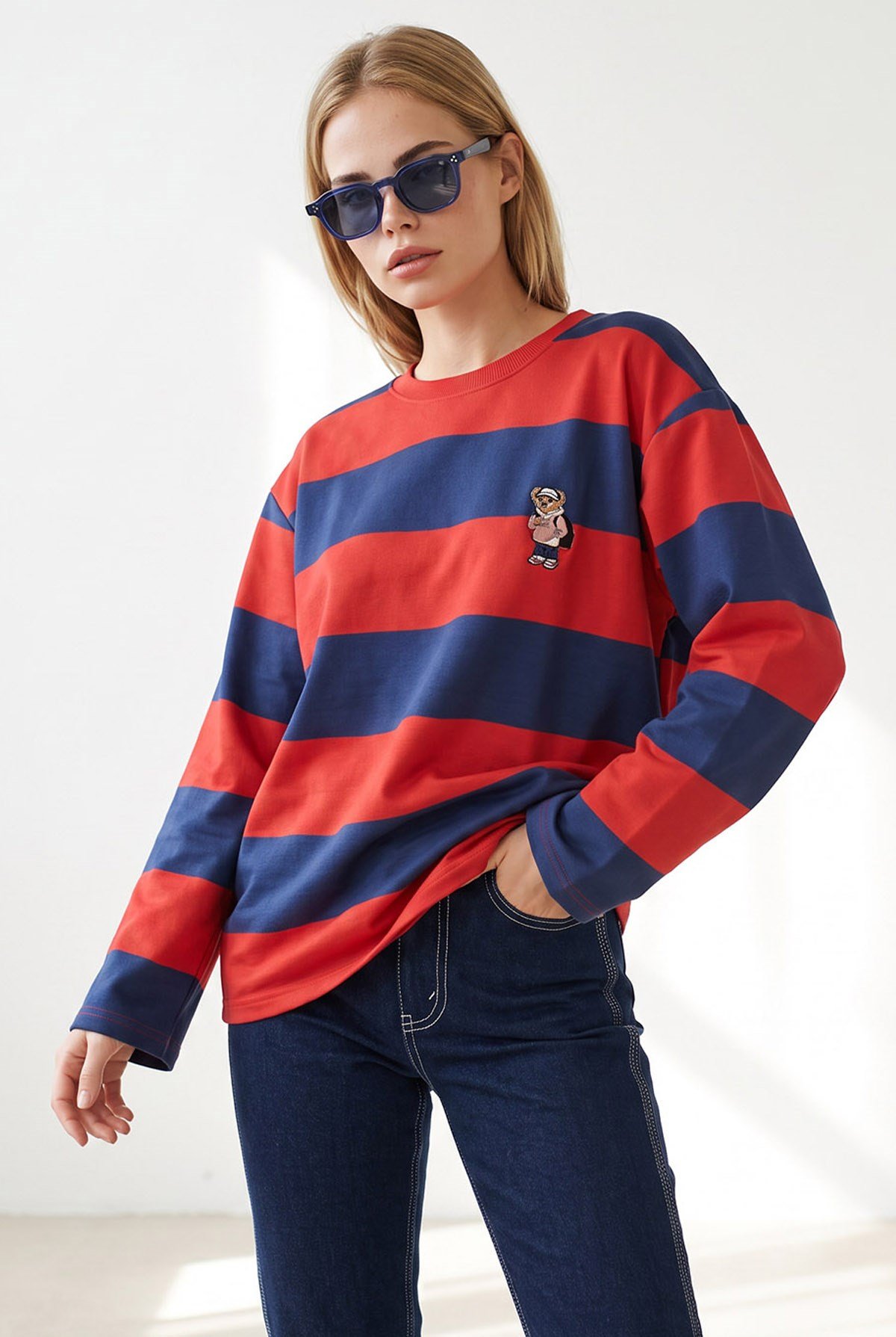 Ayıcık Nakışlı Kalın Şeritli Sweatshirt Bordo Lacivert