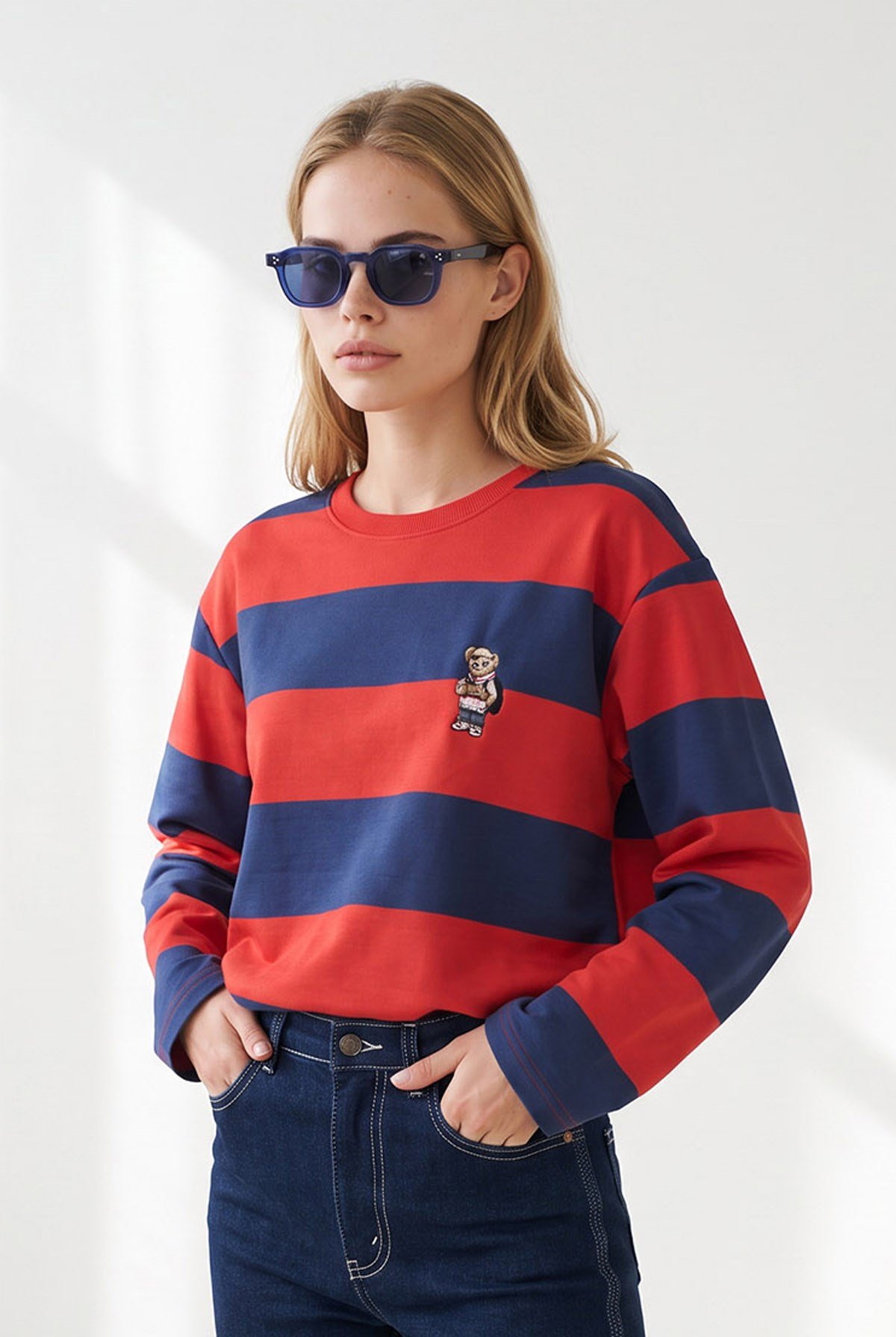 Ayıcık Nakışlı Kalın Şeritli Sweatshirt Bordo Lacivert