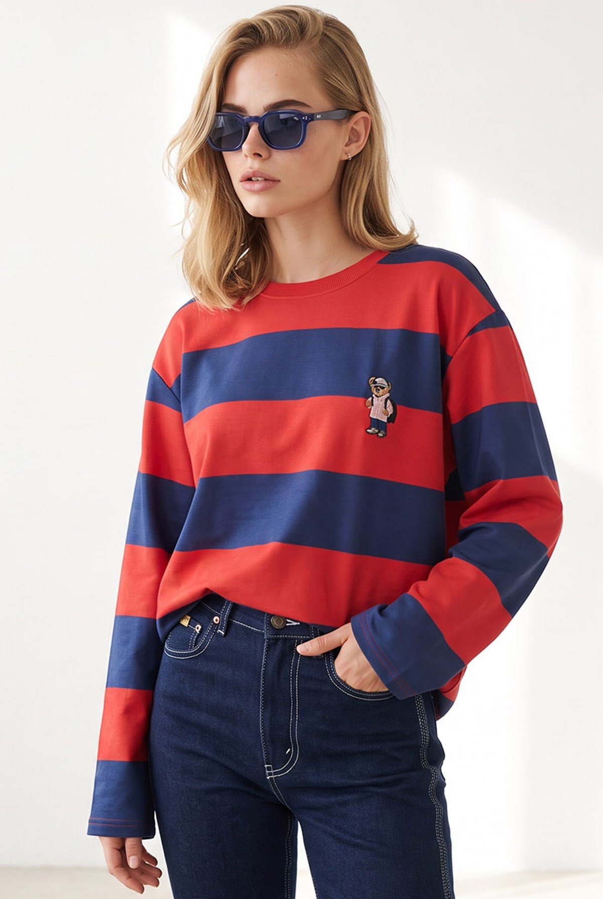 Ayıcık Nakışlı Kalın Şeritli Sweatshirt Bordo Lacivert