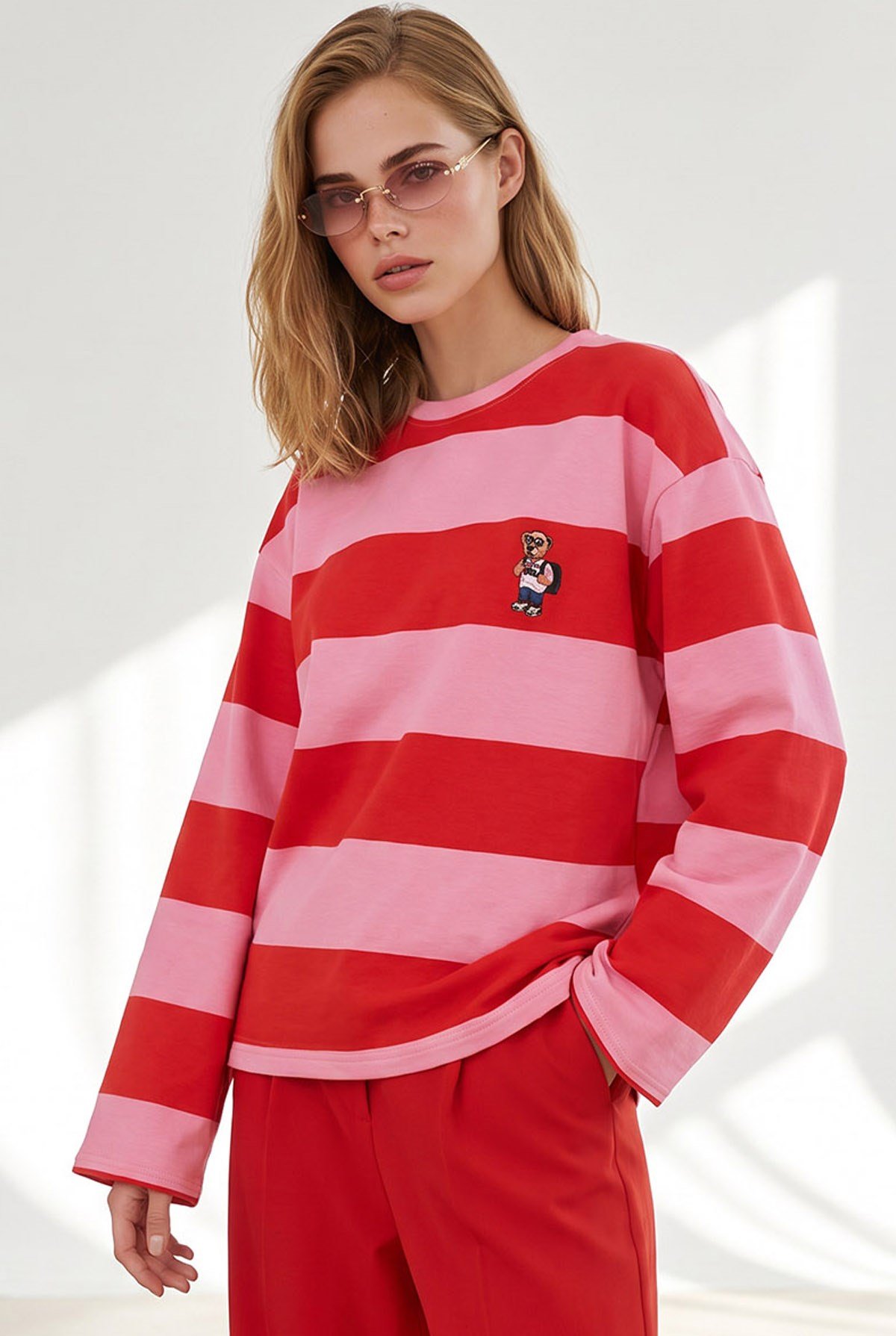 Ayıcık Nakışlı Kalın Şeritli Sweatshirt Pembe Kırmızı