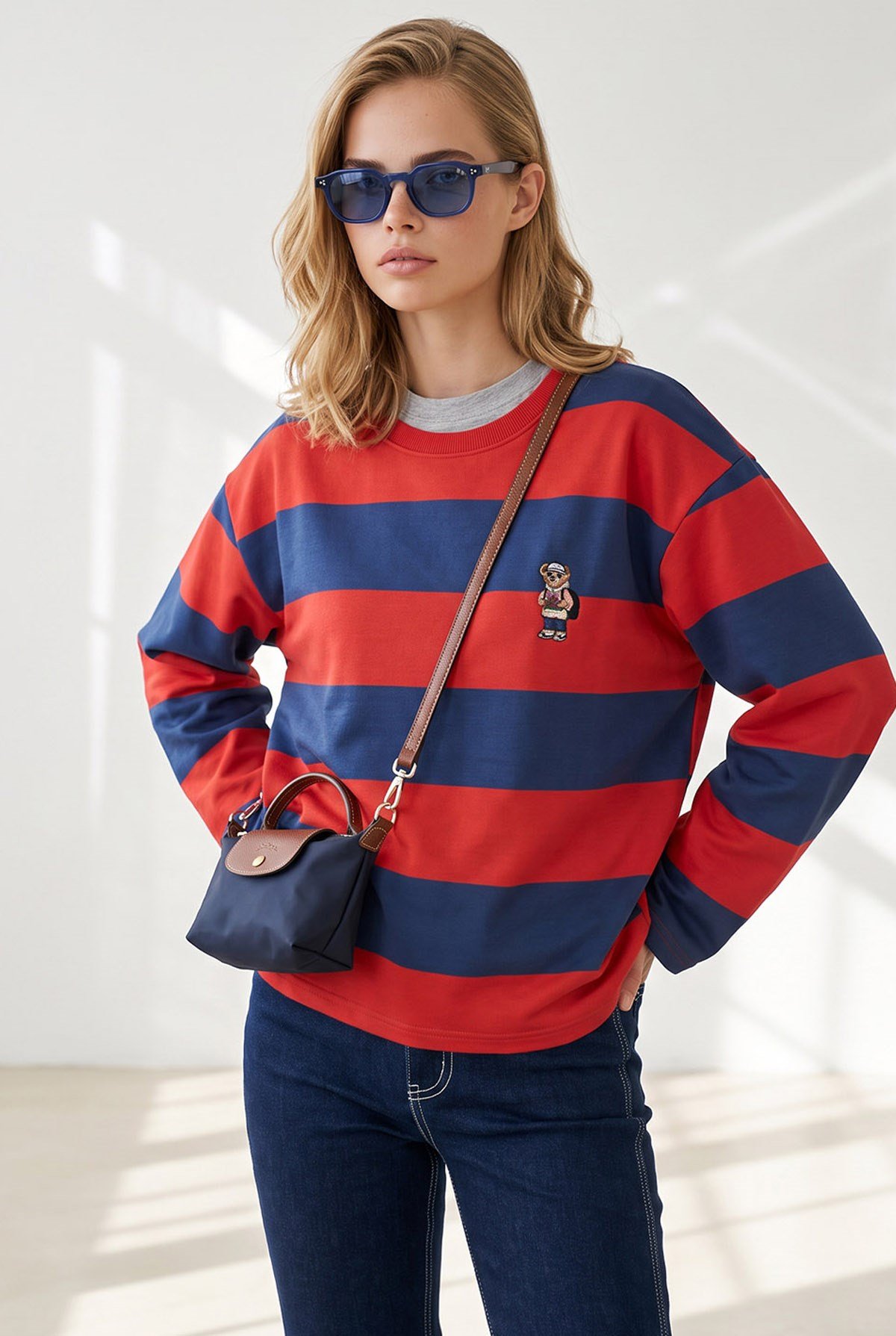 Ayıcık Nakışlı Kalın Şeritli Sweatshirt Bordo Lacivert