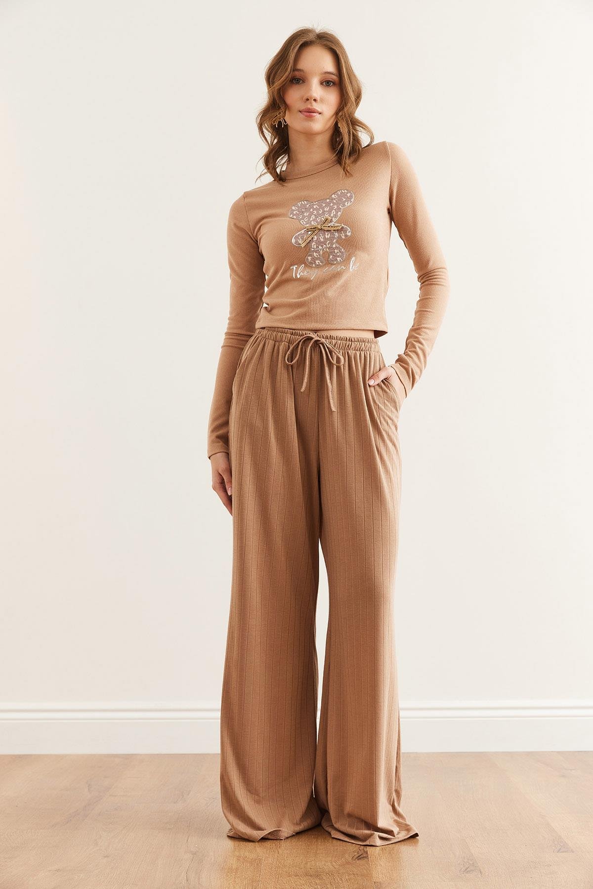 Bağcıklı Cepli Kalın Fitilli Salaş Pijama Alt Camel