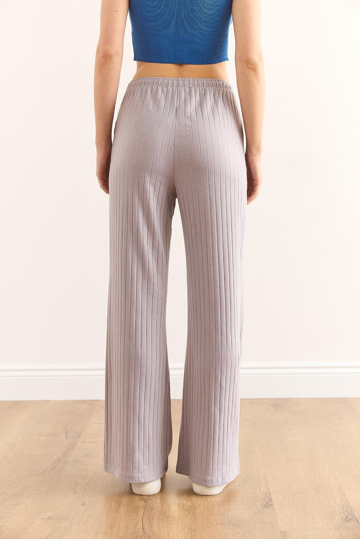 Bağcıklı Cepli Kalın Fitilli Salaş Pijama Alt Füme