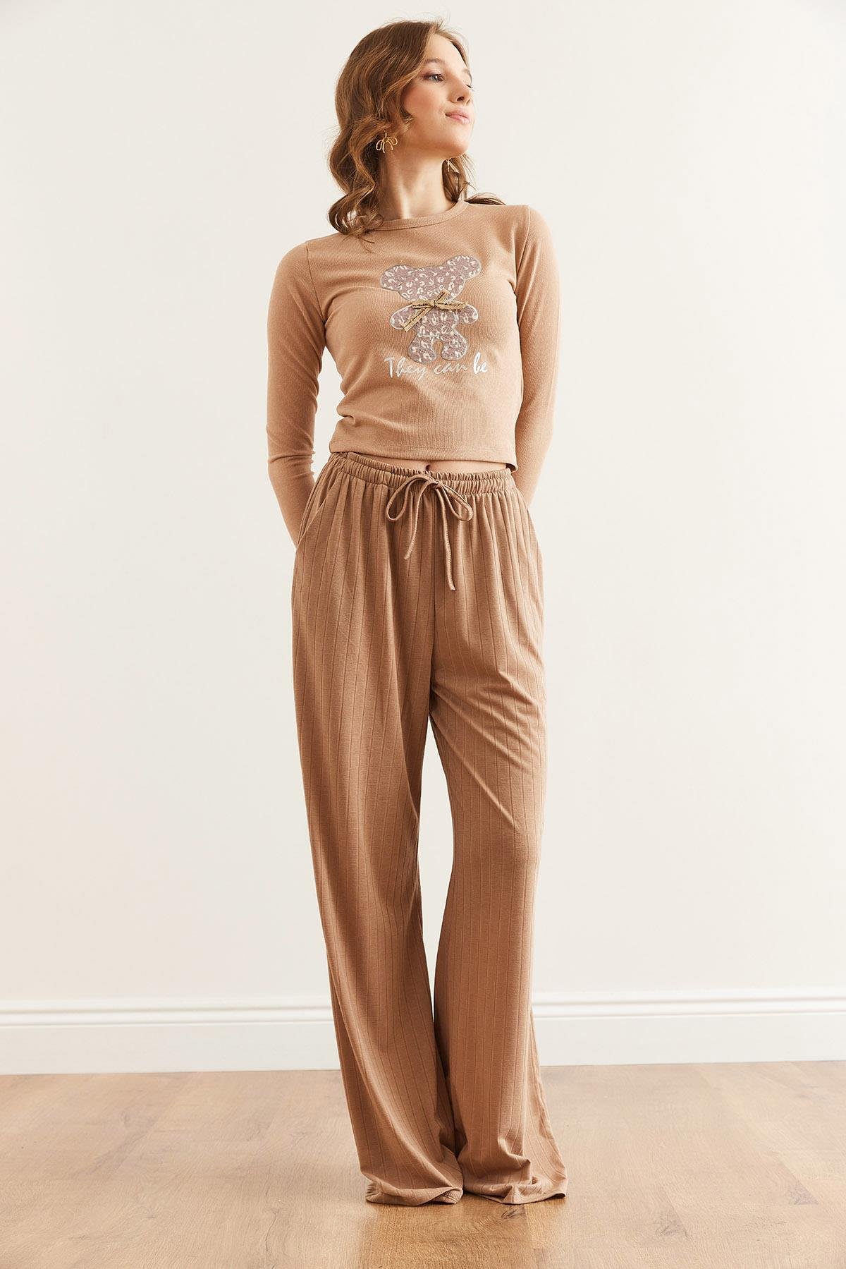 Bağcıklı Cepli Kalın Fitilli Salaş Pijama Alt Camel