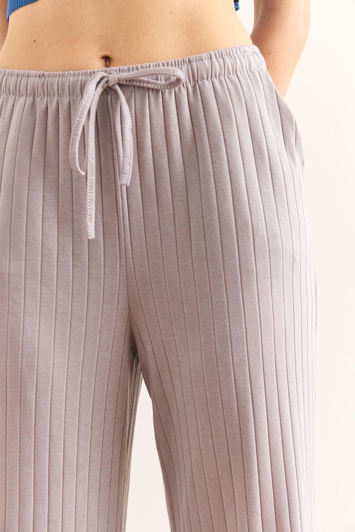 Bağcıklı Cepli Kalın Fitilli Salaş Pijama Alt Füme
