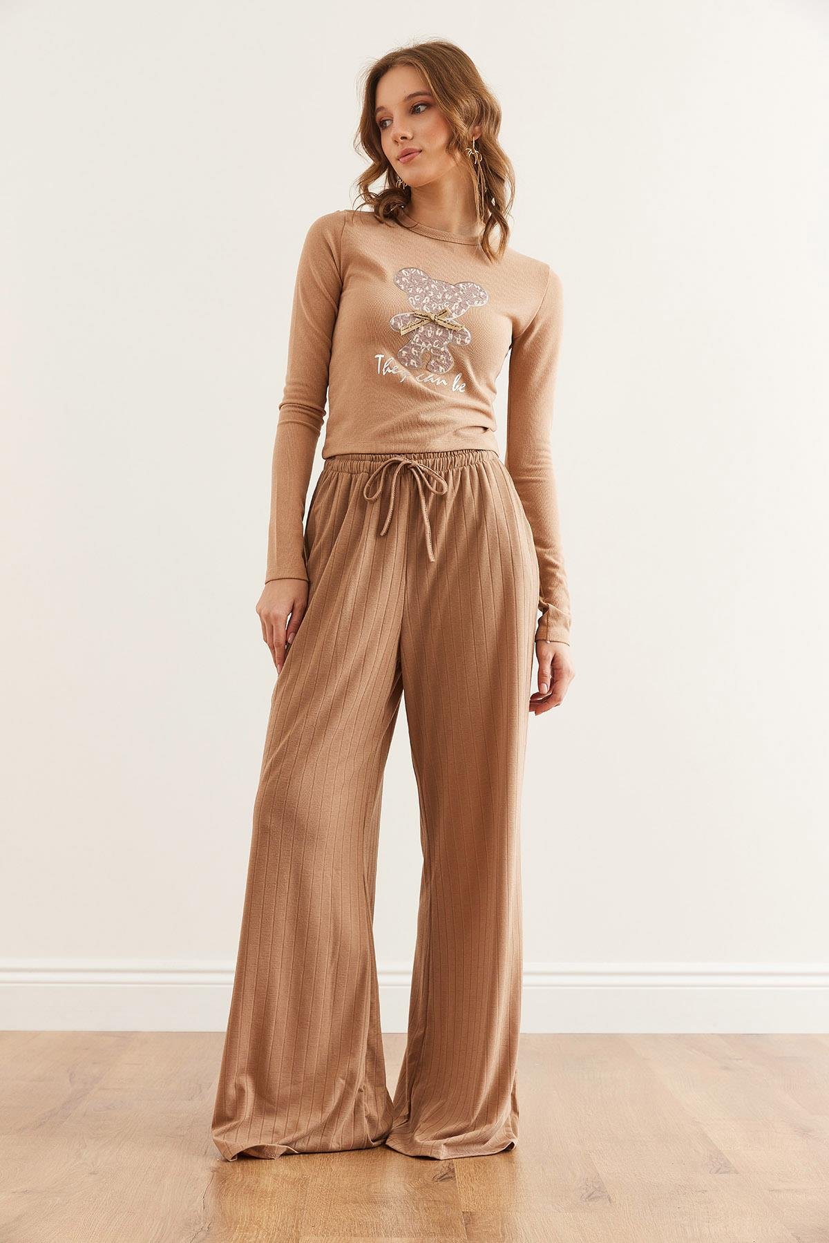 Bağcıklı Cepli Kalın Fitilli Salaş Pijama Alt Camel