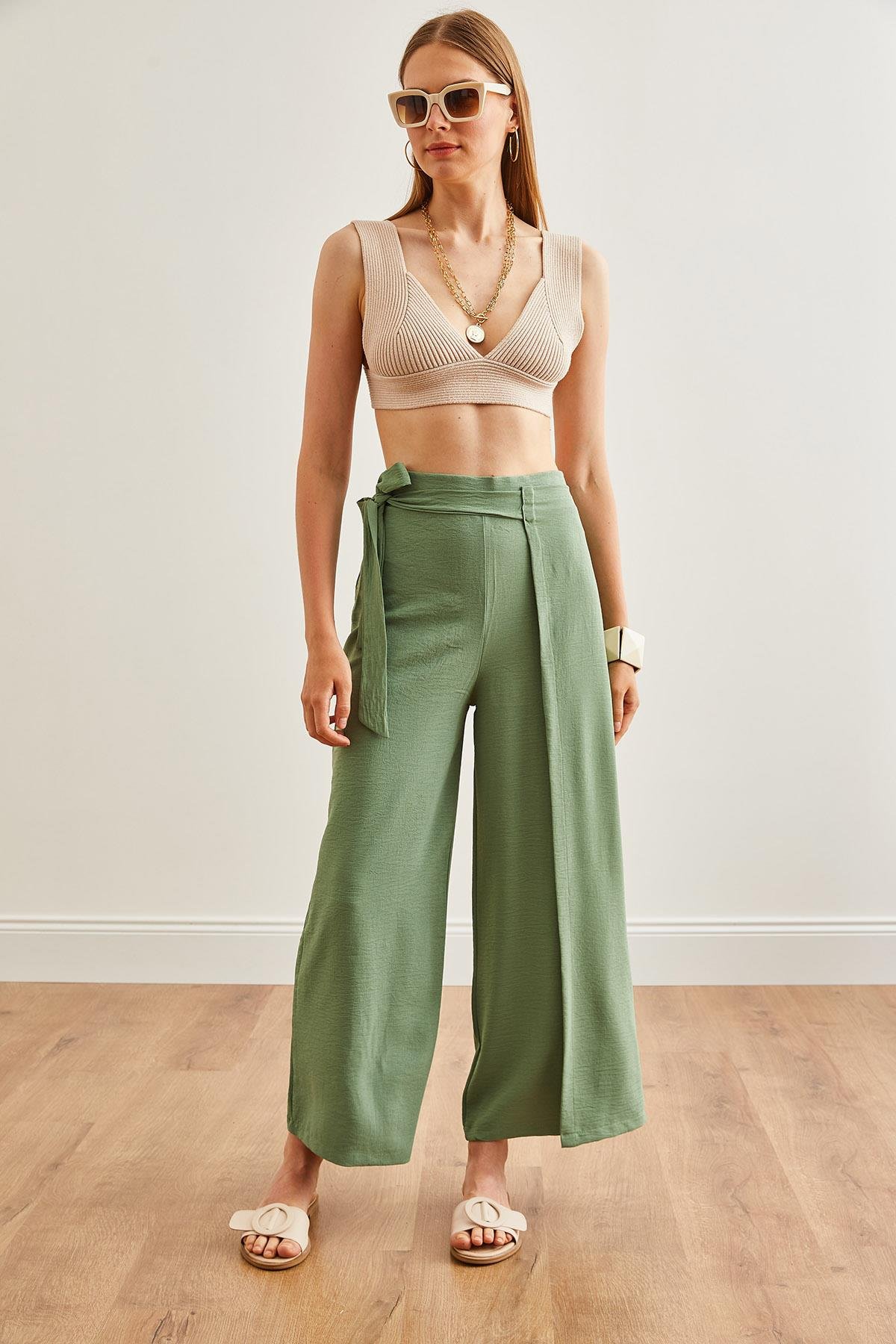 Bağlama Detaylı Anvelop Palazzo Pantolon Mint Yeşili