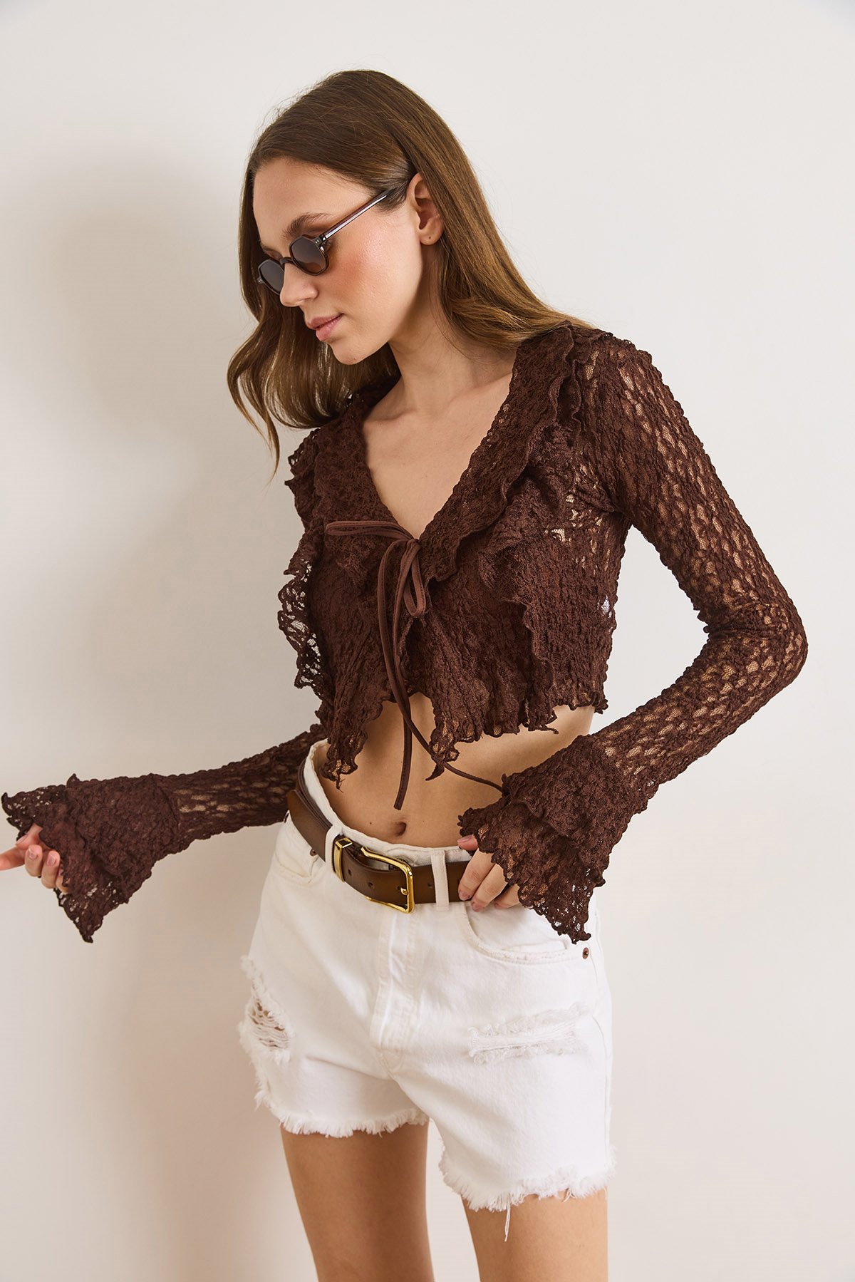 Bağlama Detaylı Boho Dantel Bluz Kahverengi