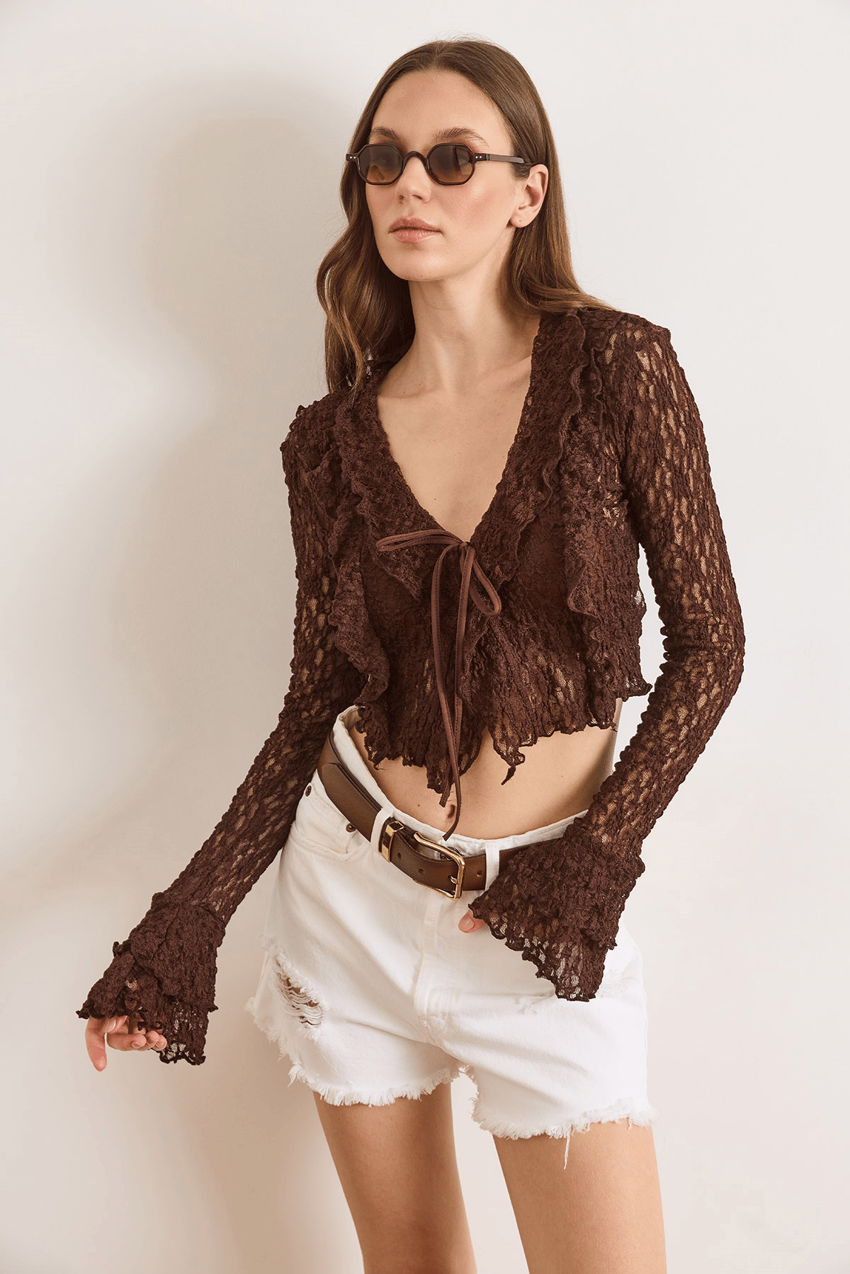 Bağlama Detaylı Boho Dantel Bluz Kahverengi