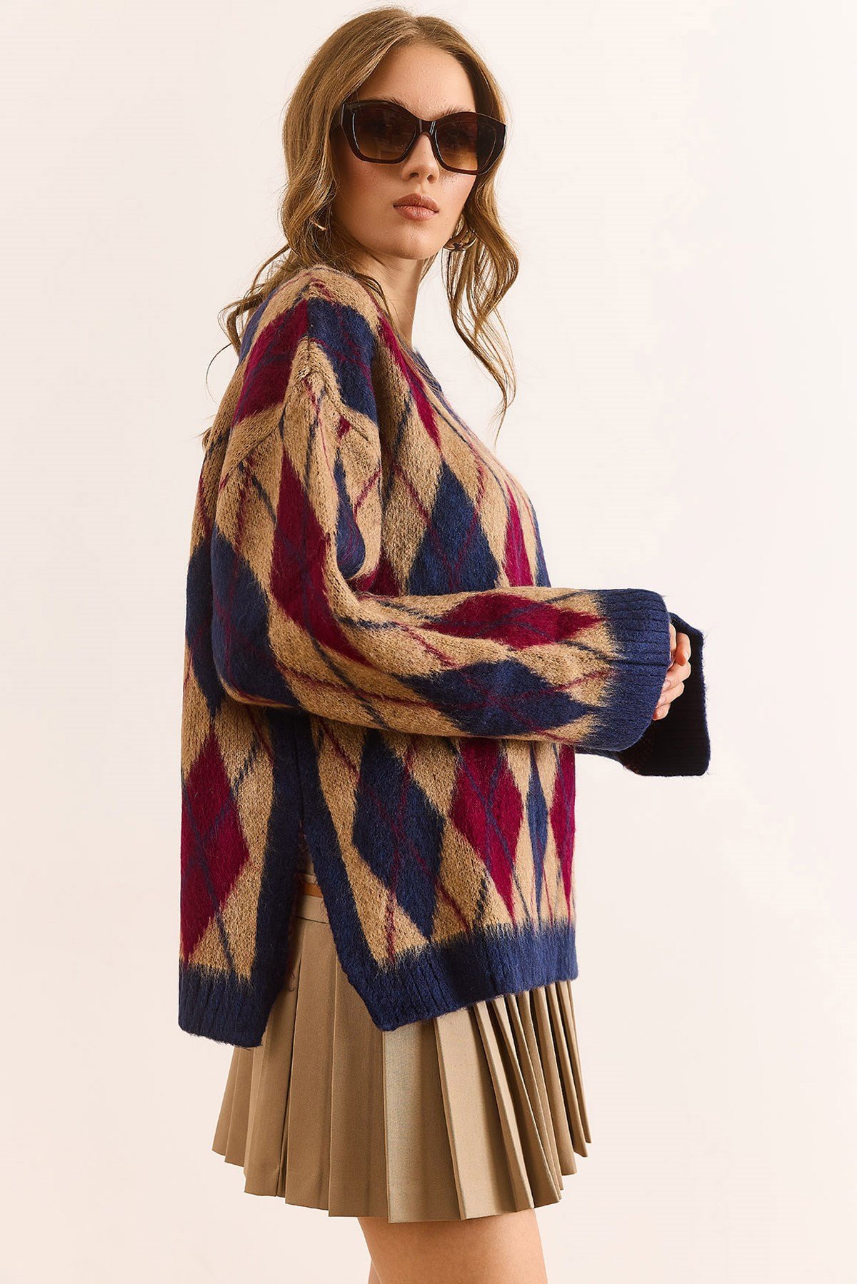 Baklava Desen Oversize Yumuşak Dokulu Triko Kazak Camel