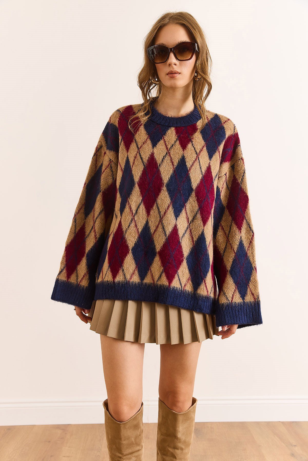 Baklava Desen Oversize Yumuşak Dokulu Triko Kazak Camel