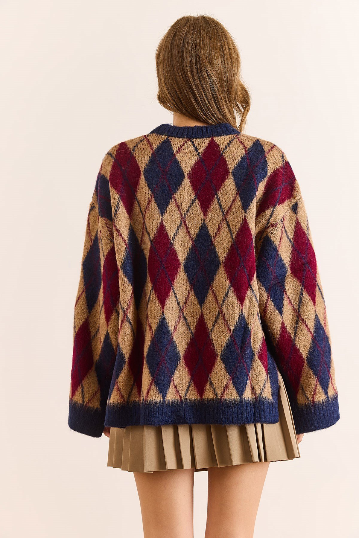 Baklava Desen Oversize Yumuşak Dokulu Triko Kazak Camel