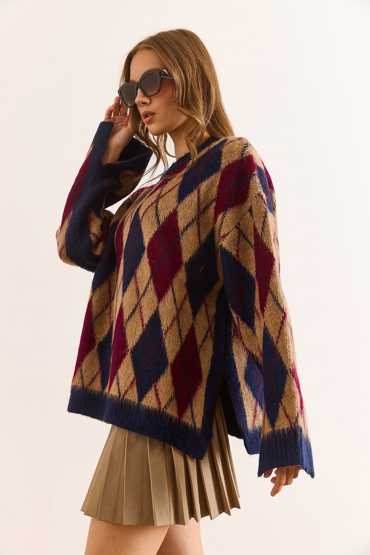 Baklava Desen Oversize Yumuşak Dokulu Triko Kazak Camel