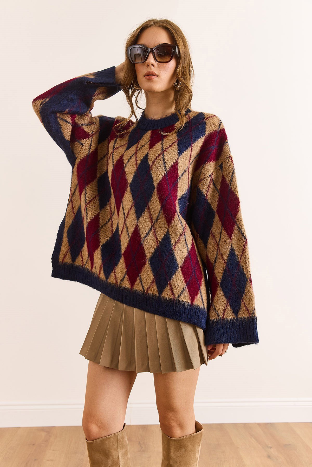Baklava Desen Oversize Yumuşak Dokulu Triko Kazak Camel