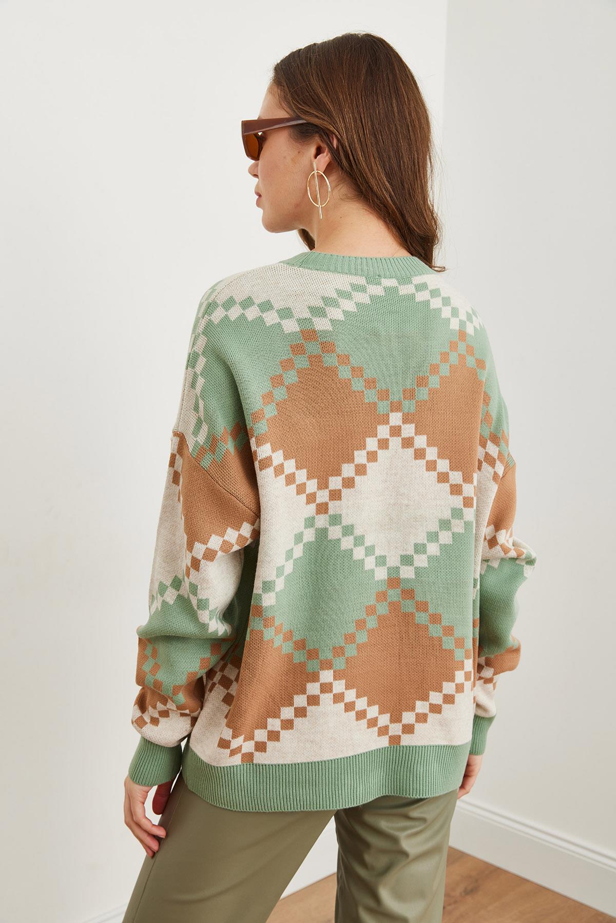 Baklava Desenli Oversize Triko Kazak Mint Yeşili