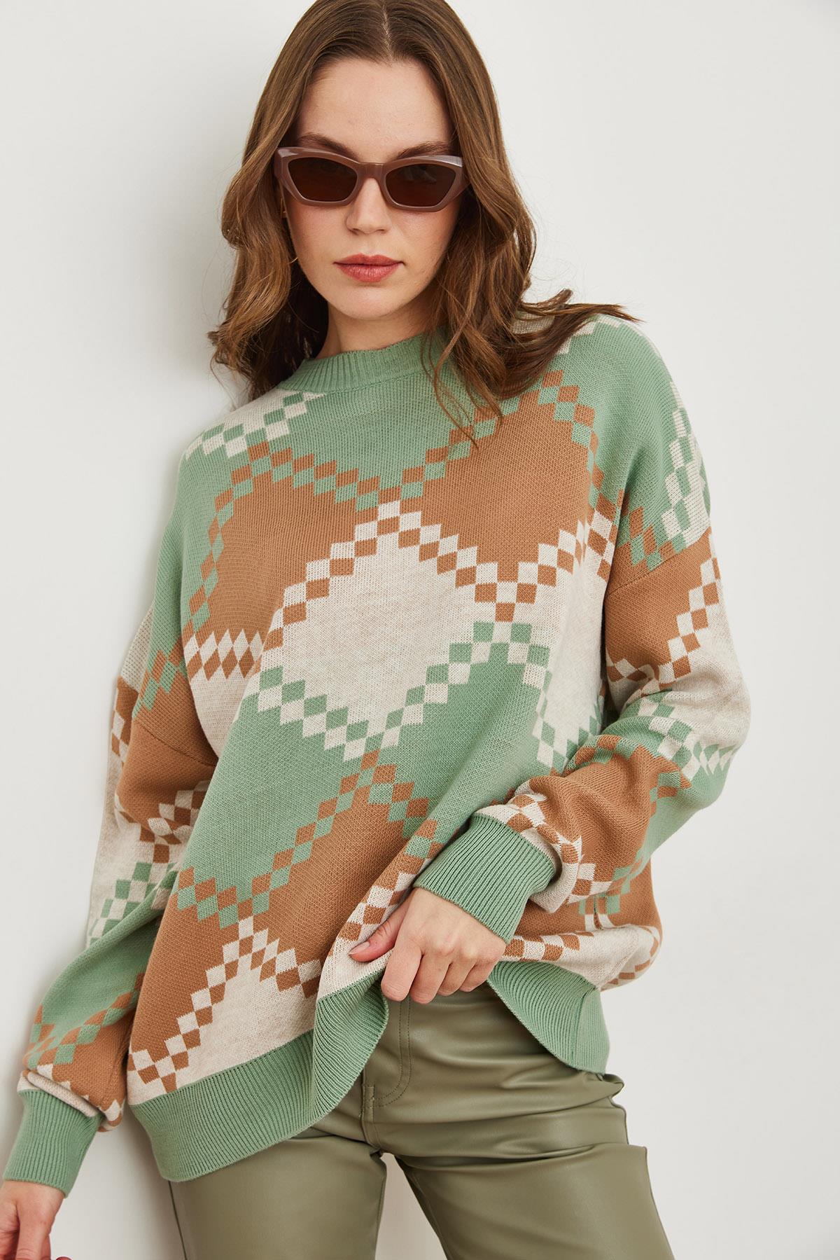 Baklava Desenli Oversize Triko Kazak Mint Yeşili