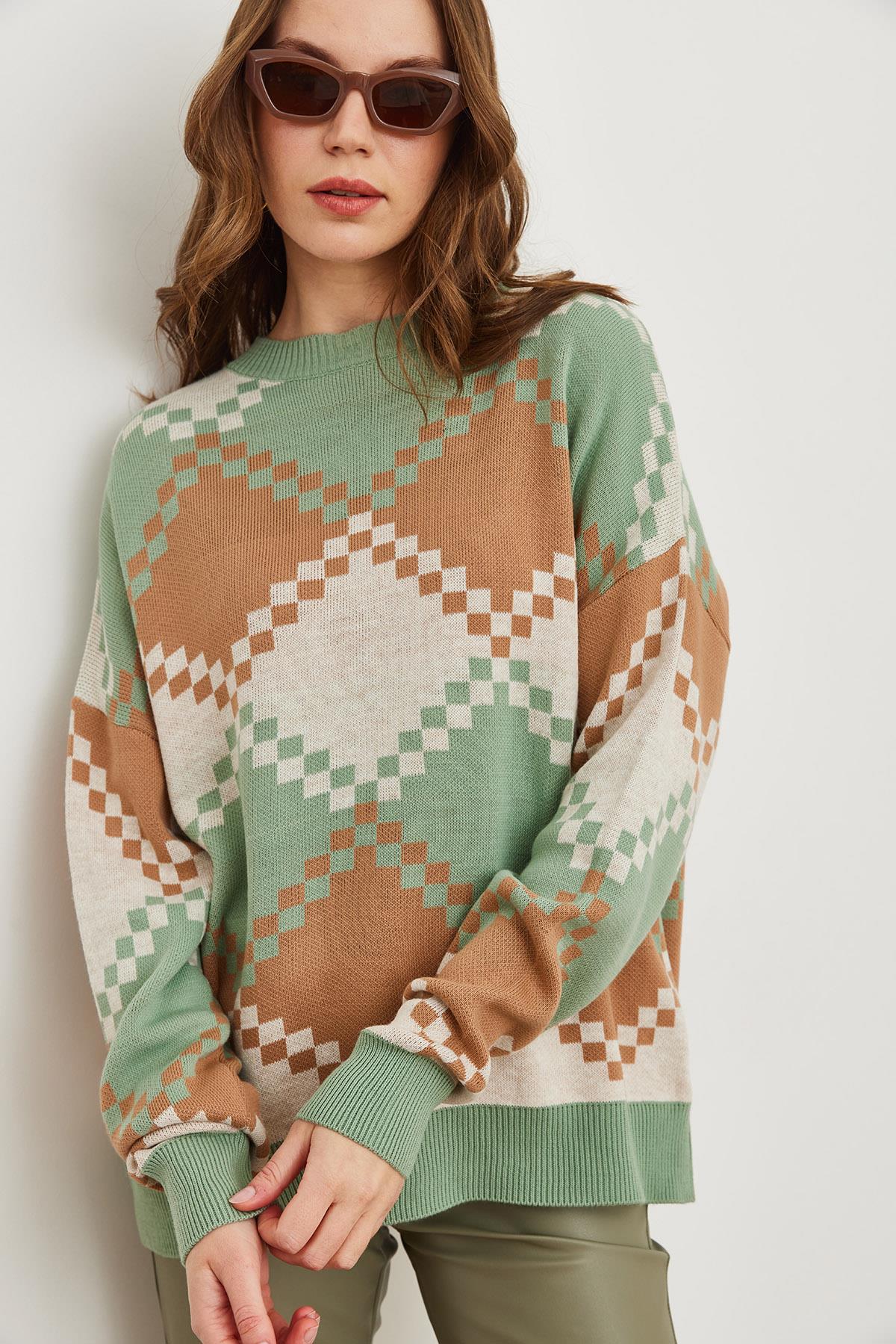 Baklava Desenli Oversize Triko Kazak Mint Yeşili