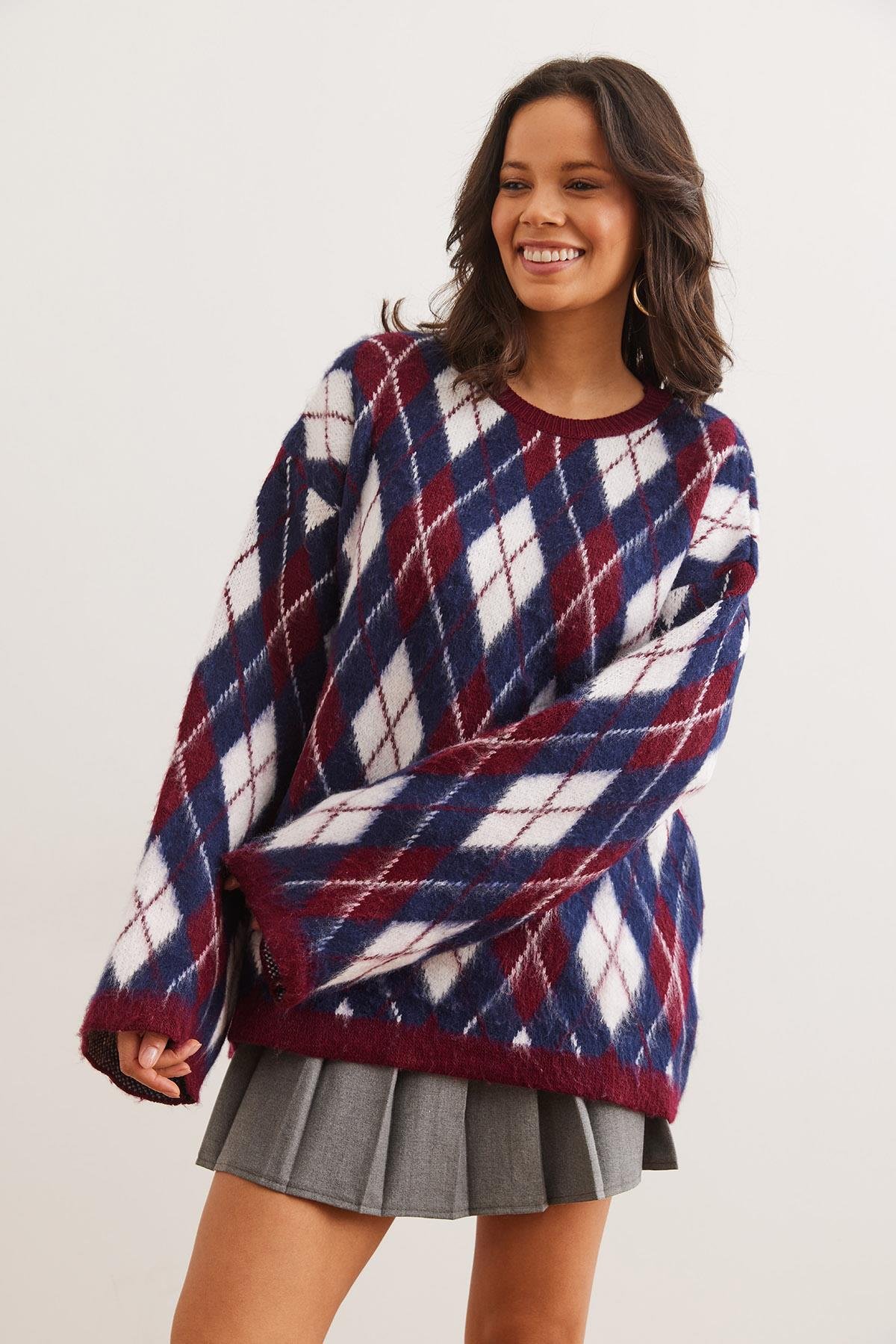 Baklava Desenli Şardonlu Oversize Triko Kazak Bordo