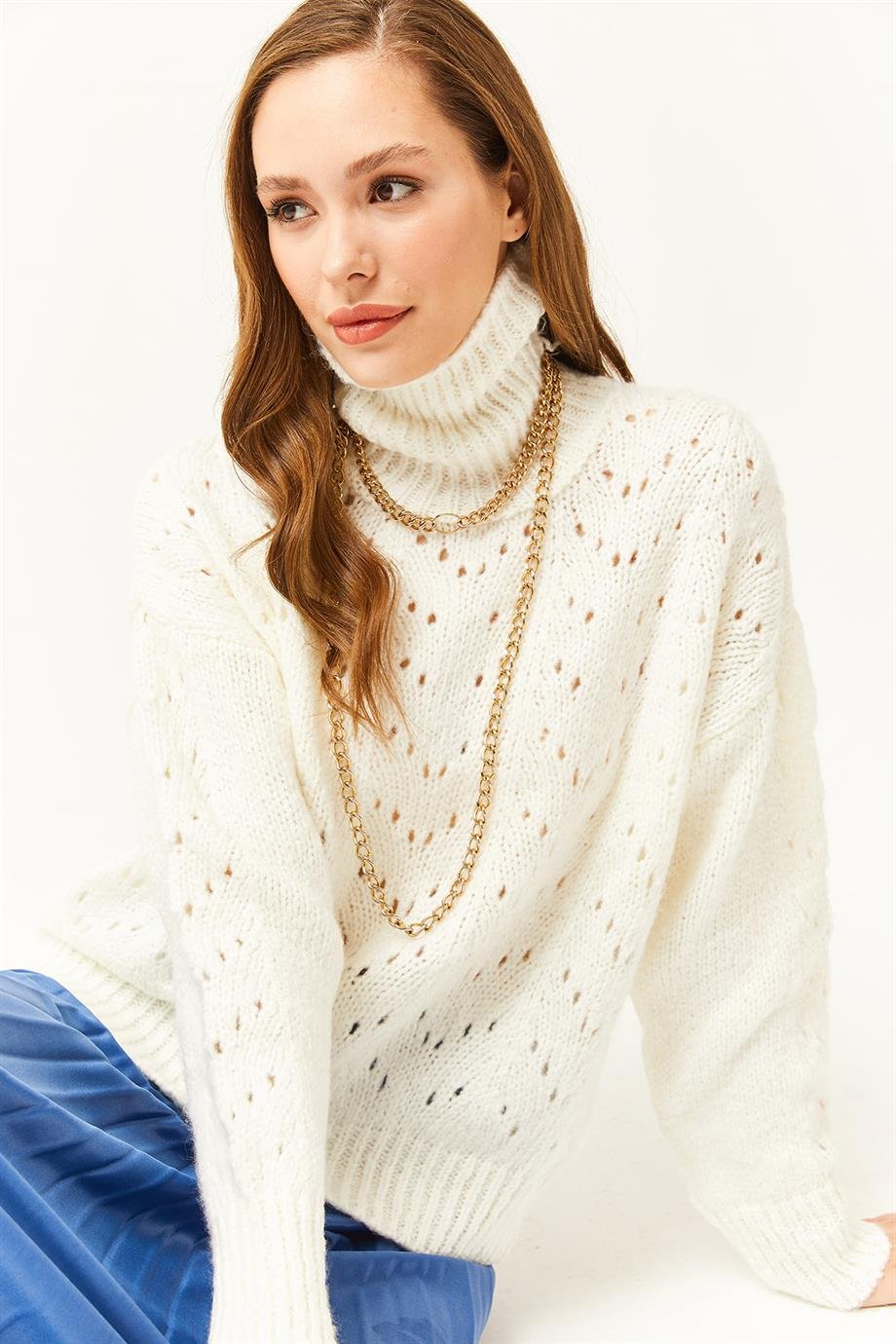 Balıkçı Yaka Ajurlu Yumuşak Dokulu Triko Kazak Ekru