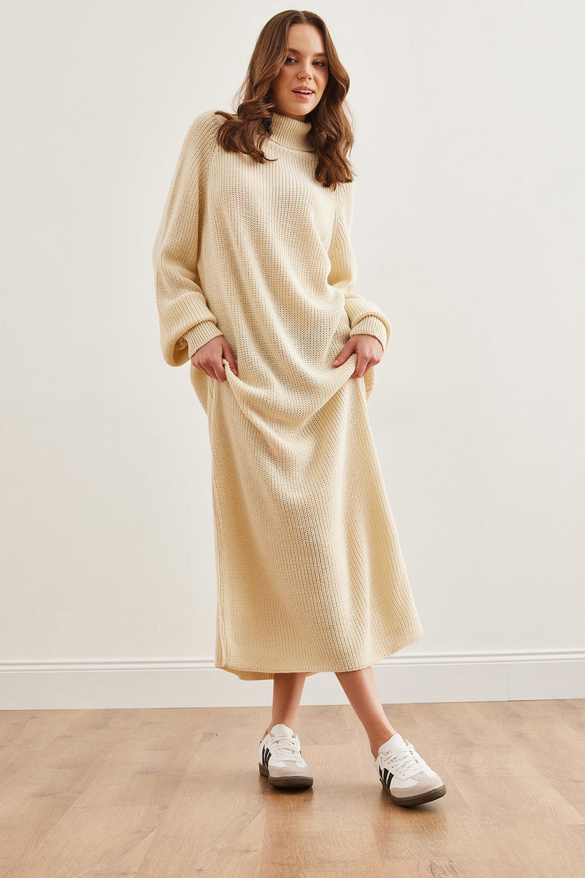 Balıkçı Yaka Maxi Triko Elbise Ekru