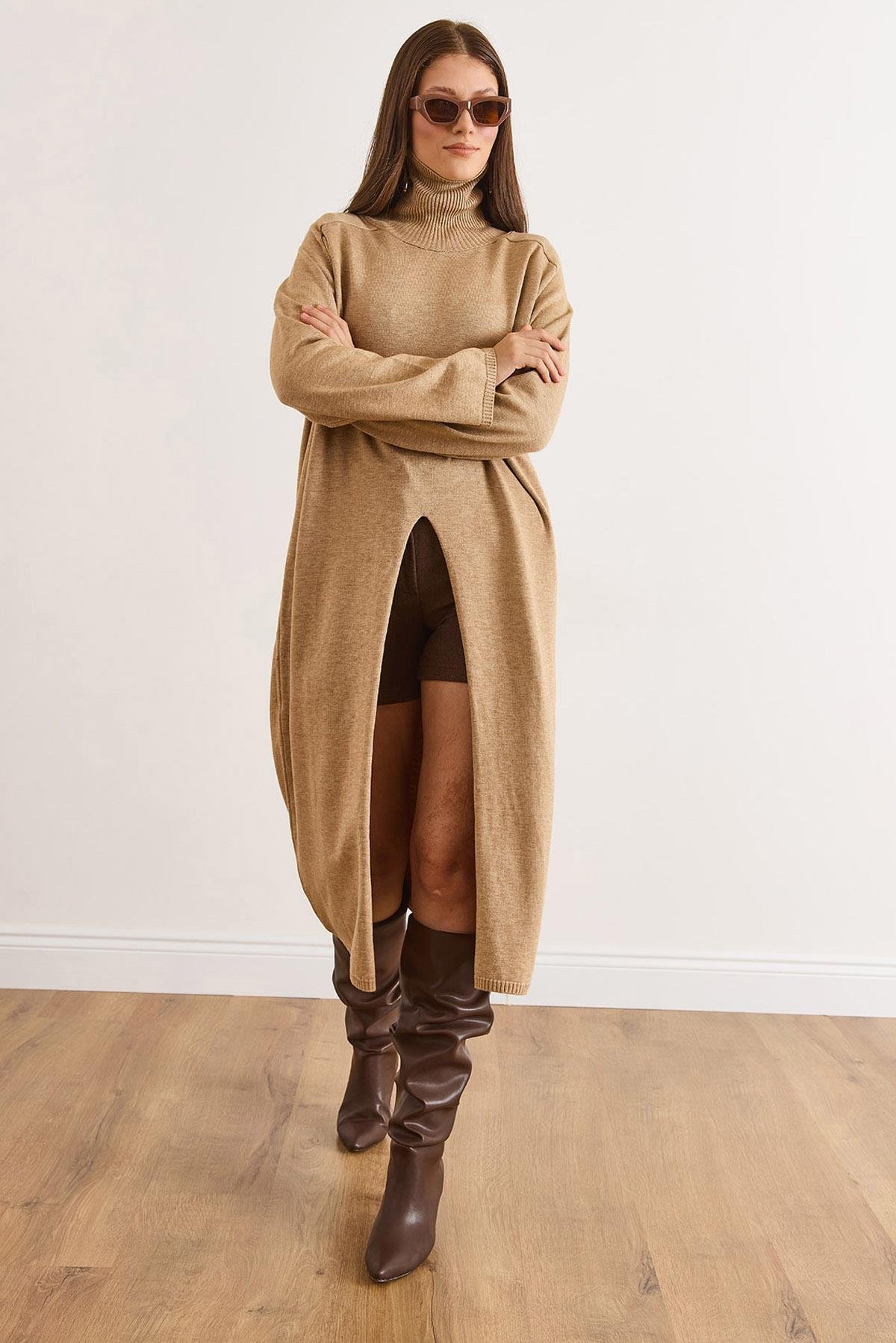 Balıkçı Yaka Yırtmaçlı Maksi Kap Tunik Camel